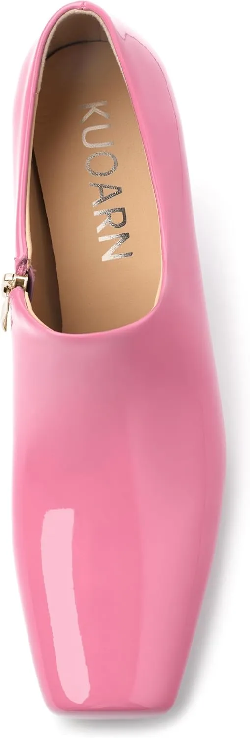KUOARN Chunky Heels for Women Block High Heel Patent Square Toe 3 Inch Pumps Shoes Side Zipper Casual Fashion Work Party Mules