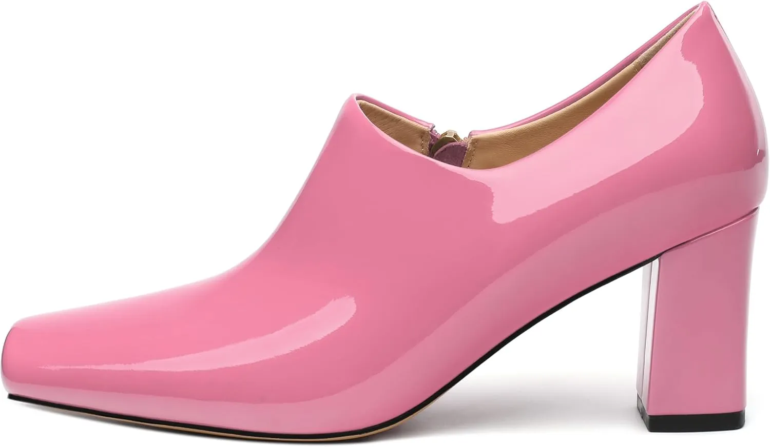 KUOARN Chunky Heels for Women Block High Heel Patent Square Toe 3 Inch Pumps Shoes Side Zipper Casual Fashion Work Party Mules