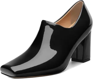 KUOARN Chunky Heels for Women Block High Heel Patent Square Toe 3 Inch Pumps Shoes Side Zipper Casual Fashion Work Party Mules