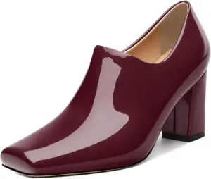 KUOARN Chunky Heels for Women Block High Heel Patent Square Toe 3 Inch Pumps Shoes Side Zipper Casual Fashion Work Party Mules
