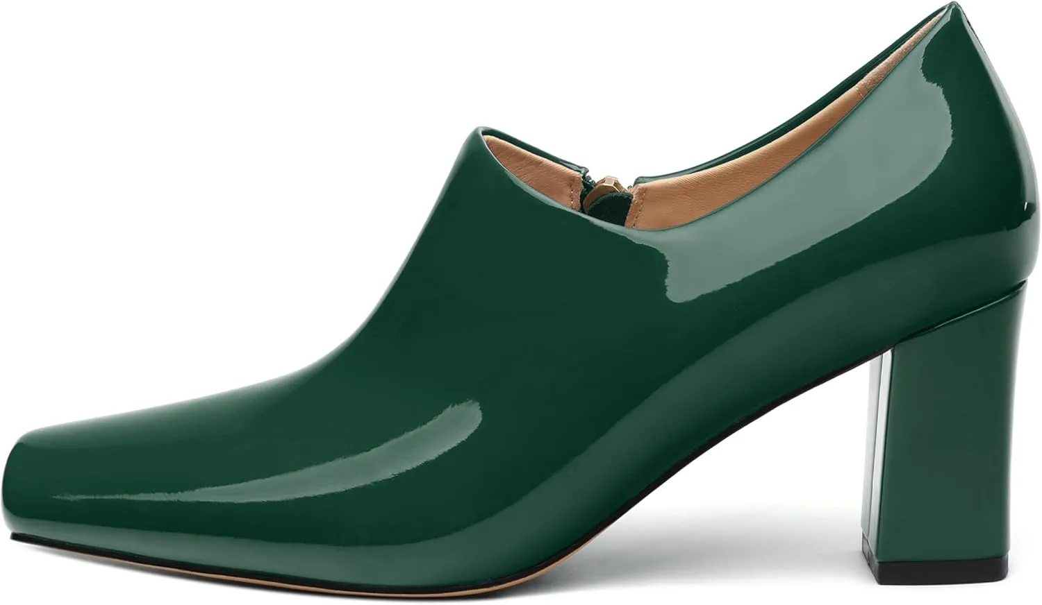 KUOARN Chunky Heels for Women Block High Heel Patent Square Toe 3 Inch Pumps Shoes Side Zipper Casual Fashion Work Party Mules