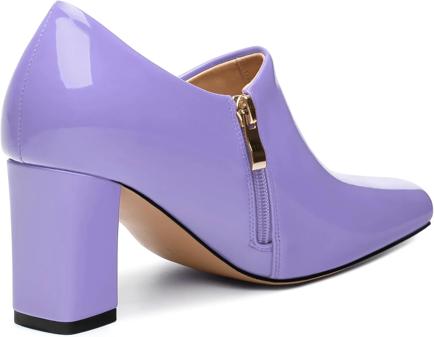 KUOARN Chunky Heels for Women Block High Heel Patent Square Toe 3 Inch Pumps Shoes Side Zipper Casual Fashion Work Party Mules