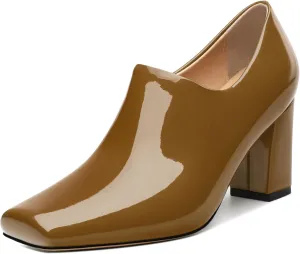 KUOARN Chunky Heels for Women Block High Heel Patent Square Toe 3 Inch Pumps Shoes Side Zipper Casual Fashion Work Party Mules