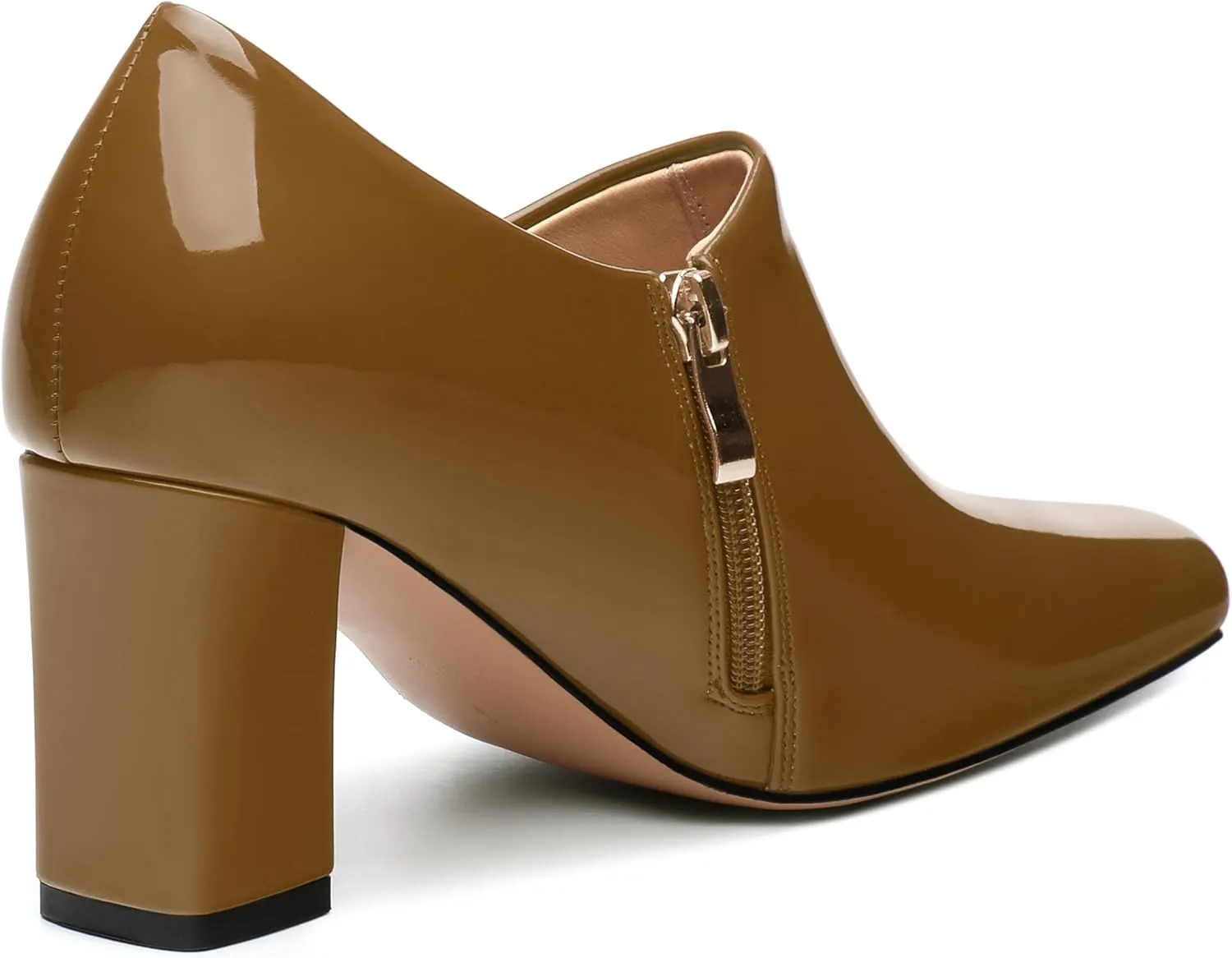 KUOARN Chunky Heels for Women Block High Heel Patent Square Toe 3 Inch Pumps Shoes Side Zipper Casual Fashion Work Party Mules