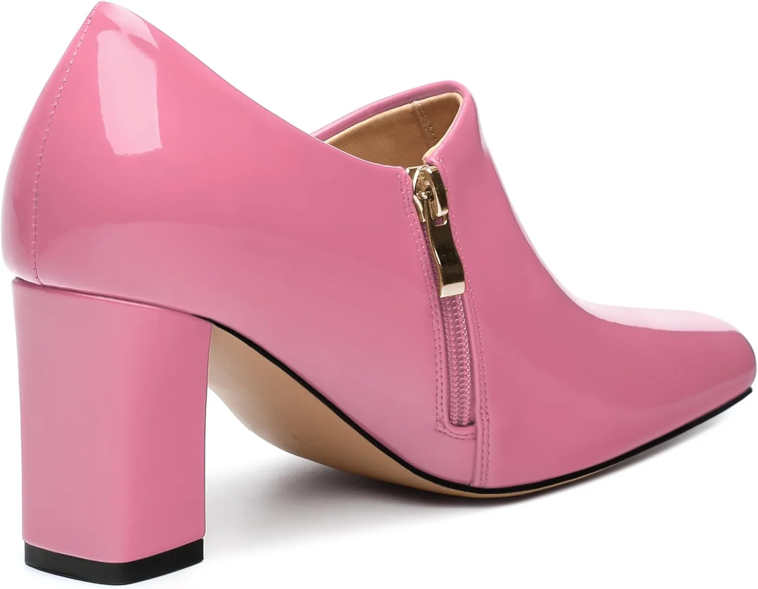 KUOARN Chunky Heels for Women Block High Heel Patent Square Toe 3 Inch Pumps Shoes Side Zipper Casual Fashion Work Party Mules