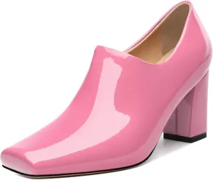 KUOARN Chunky Heels for Women Block High Heel Patent Square Toe 3 Inch Pumps Shoes Side Zipper Casual Fashion Work Party Mules