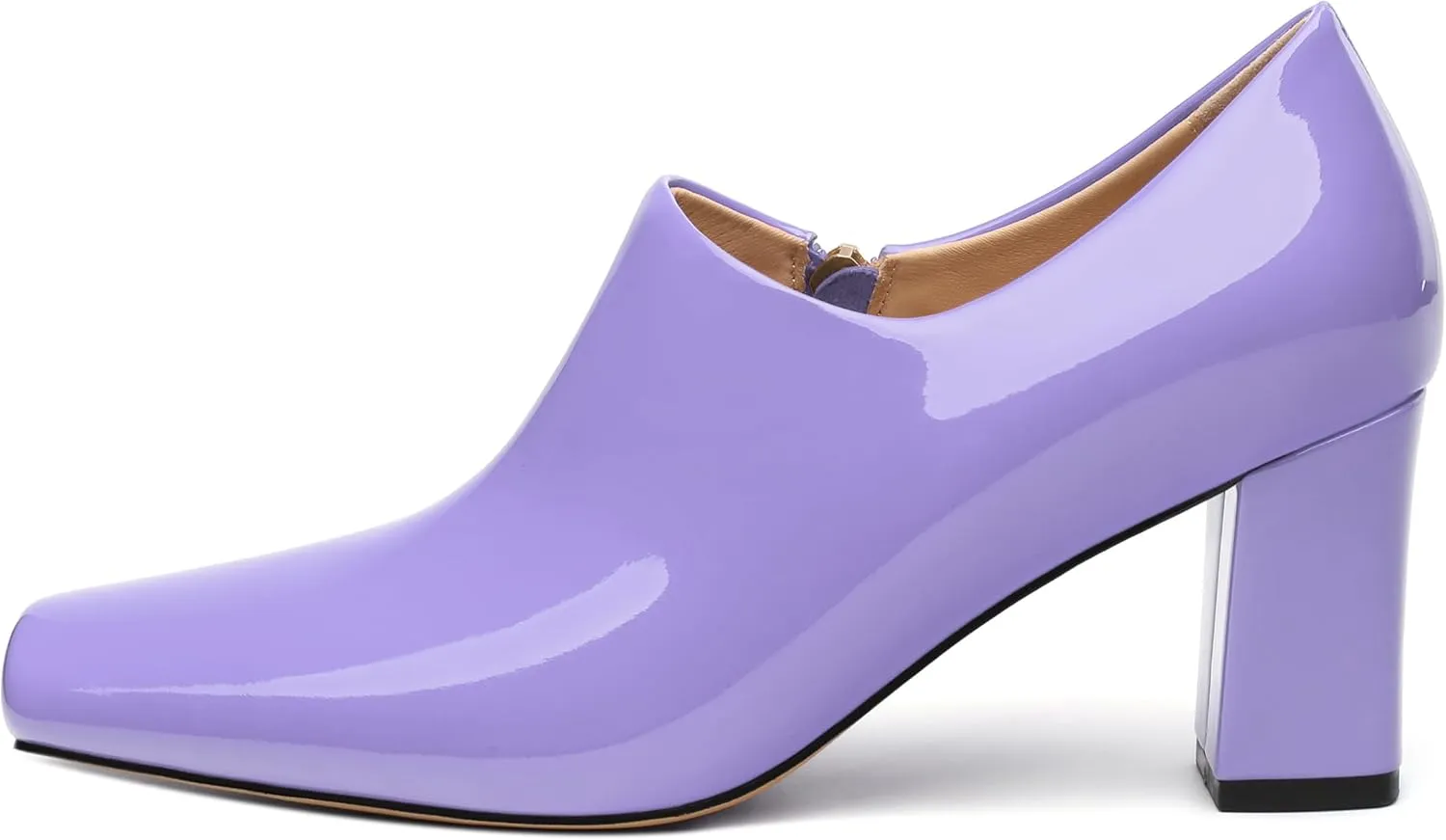 KUOARN Chunky Heels for Women Block High Heel Patent Square Toe 3 Inch Pumps Shoes Side Zipper Casual Fashion Work Party Mules