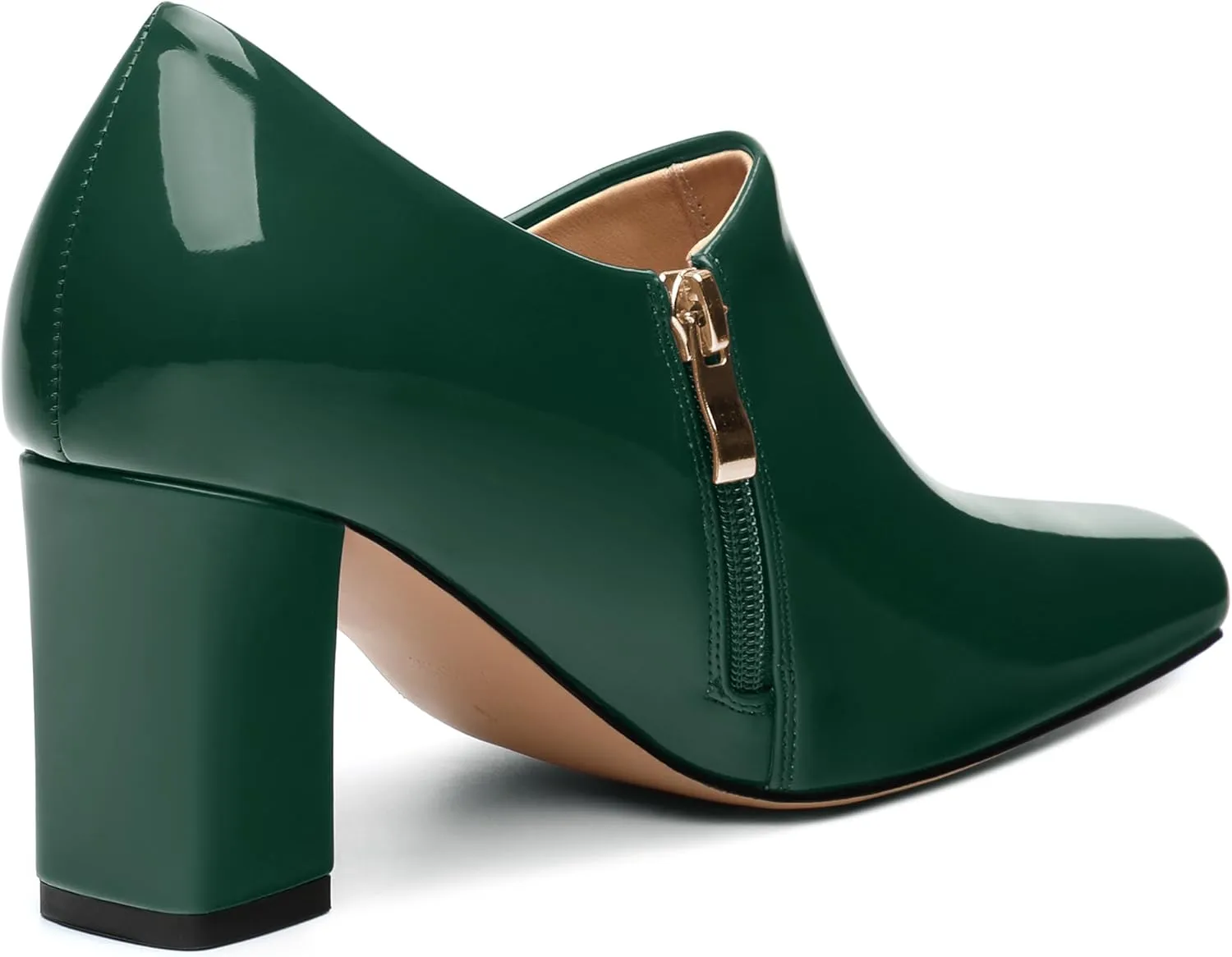 KUOARN Chunky Heels for Women Block High Heel Patent Square Toe 3 Inch Pumps Shoes Side Zipper Casual Fashion Work Party Mules