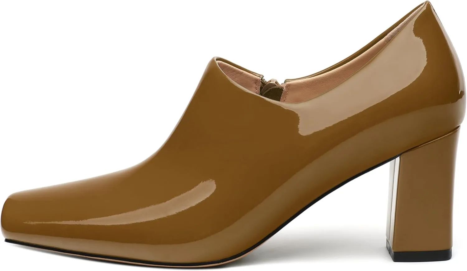 KUOARN Chunky Heels for Women Block High Heel Patent Square Toe 3 Inch Pumps Shoes Side Zipper Casual Fashion Work Party Mules
