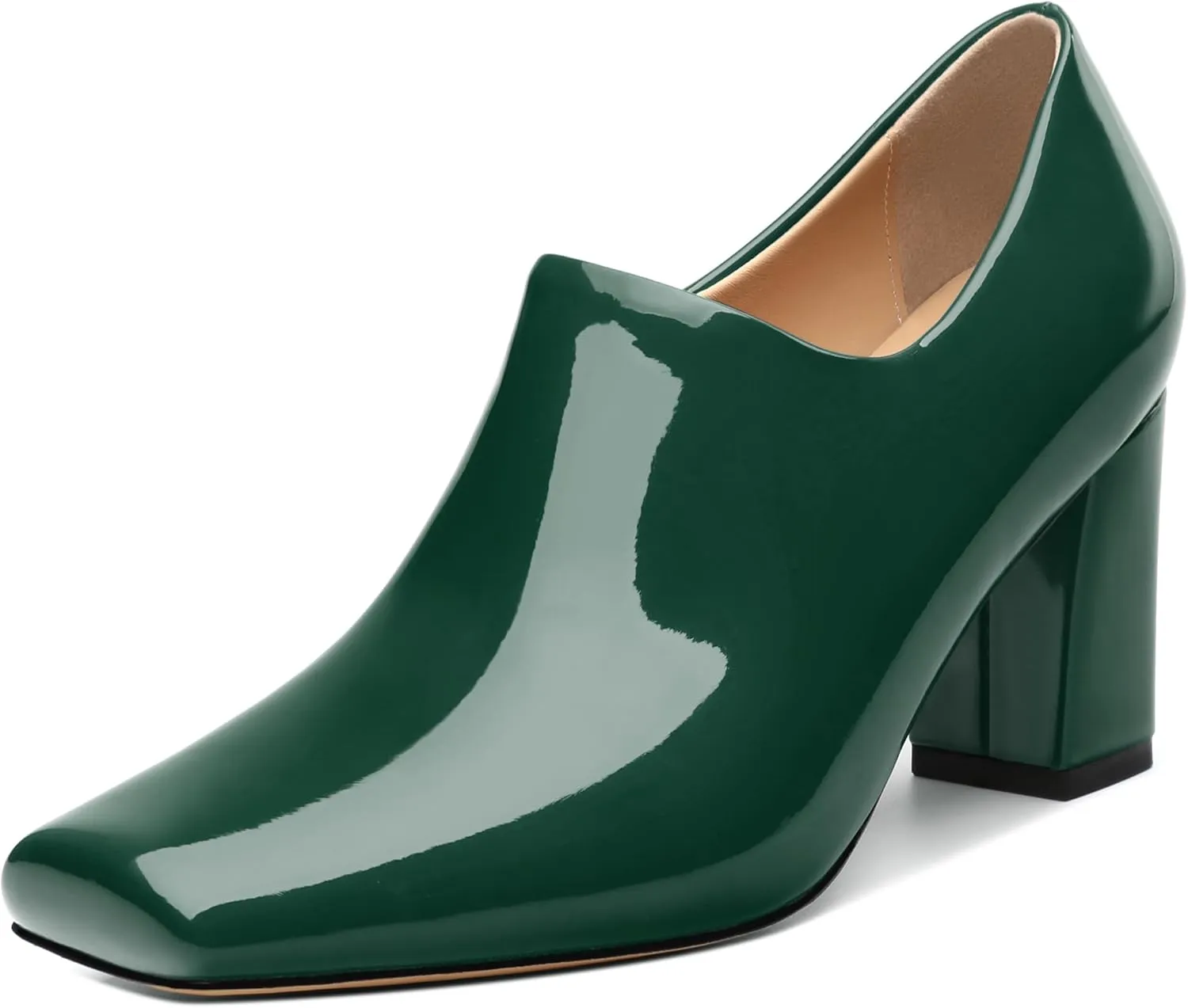KUOARN Chunky Heels for Women Block High Heel Patent Square Toe 3 Inch Pumps Shoes Side Zipper Casual Fashion Work Party Mules