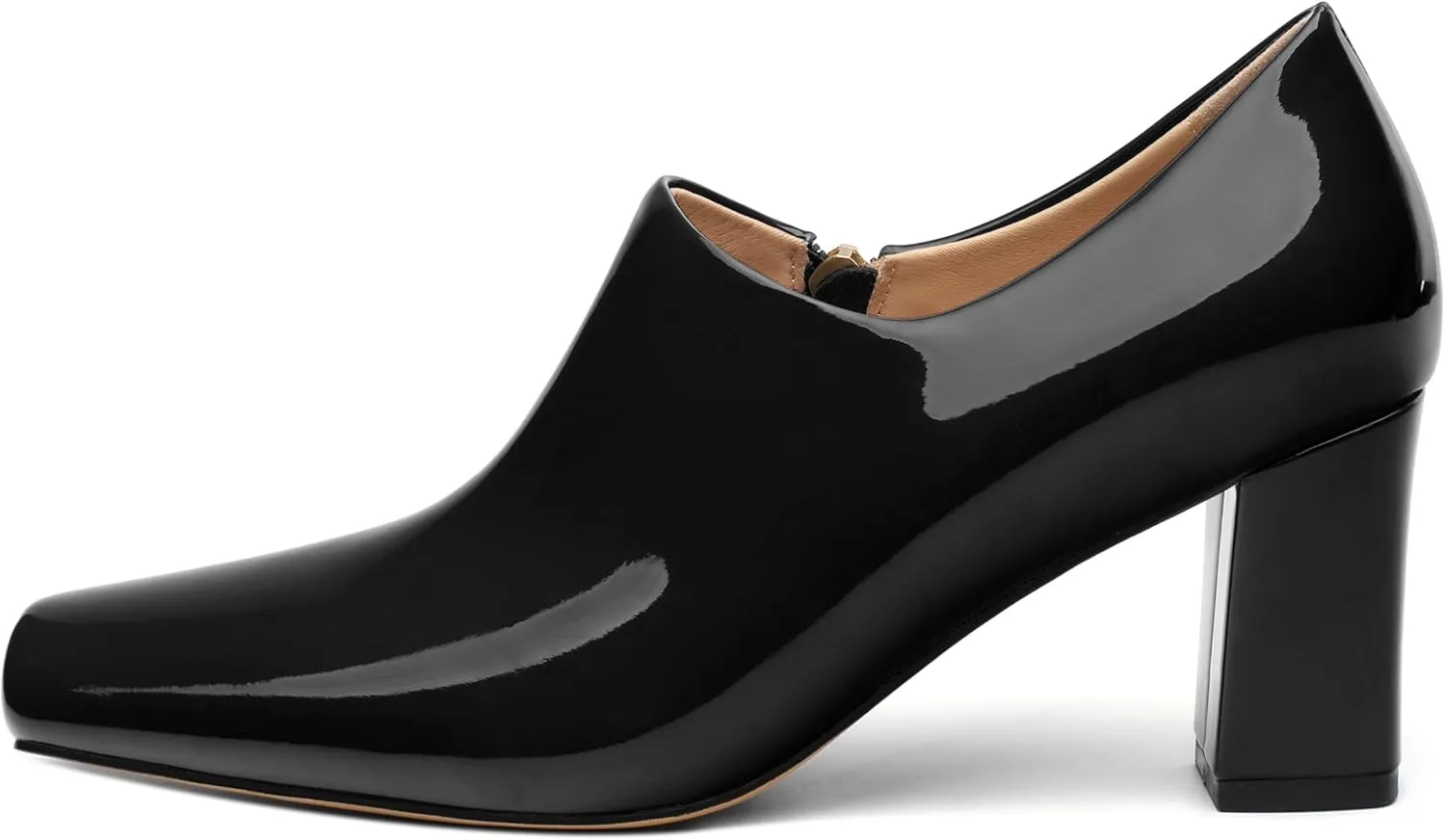 KUOARN Chunky Heels for Women Block High Heel Patent Square Toe 3 Inch Pumps Shoes Side Zipper Casual Fashion Work Party Mules