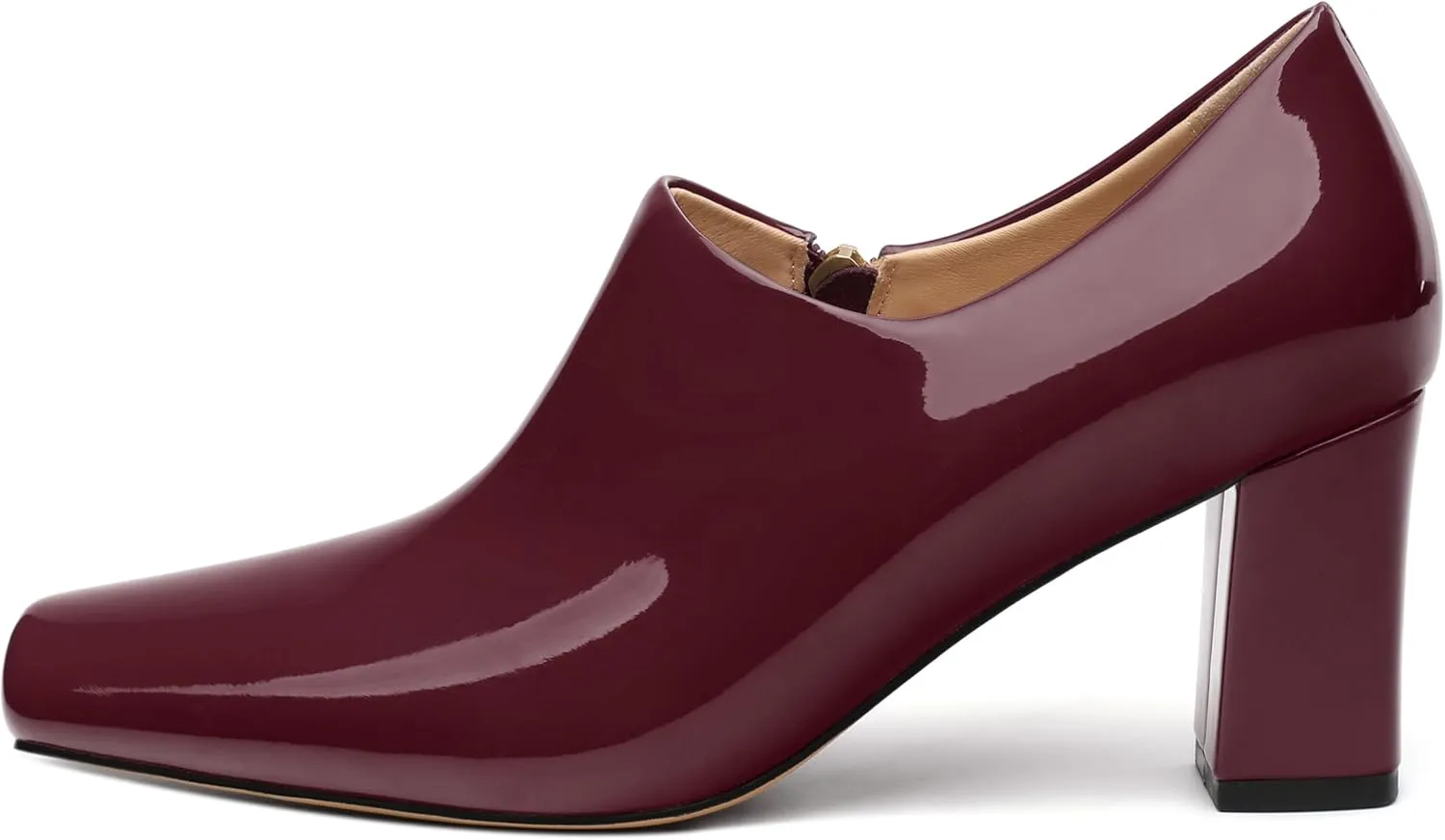KUOARN Chunky Heels for Women Block High Heel Patent Square Toe 3 Inch Pumps Shoes Side Zipper Casual Fashion Work Party Mules