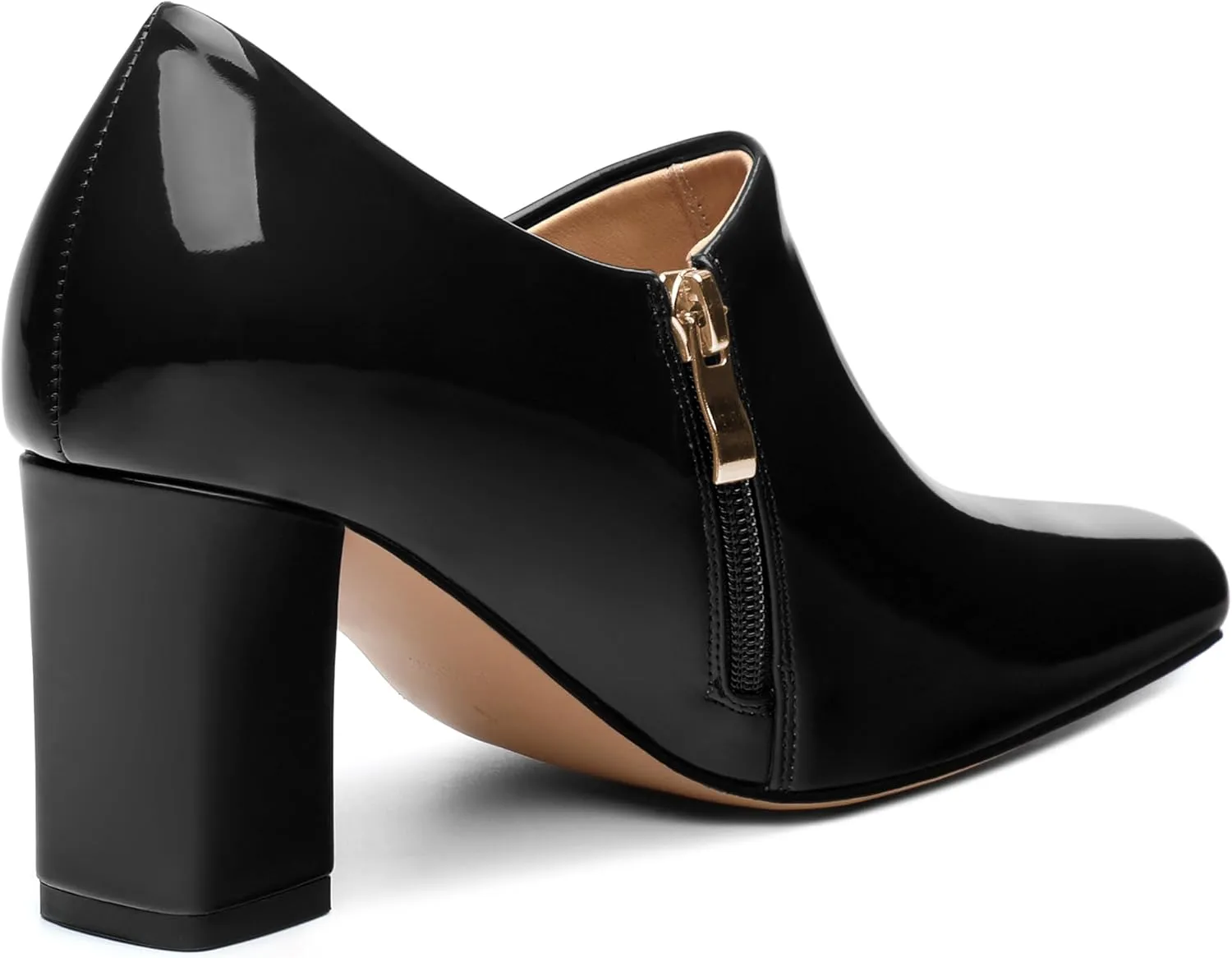 KUOARN Chunky Heels for Women Block High Heel Patent Square Toe 3 Inch Pumps Shoes Side Zipper Casual Fashion Work Party Mules