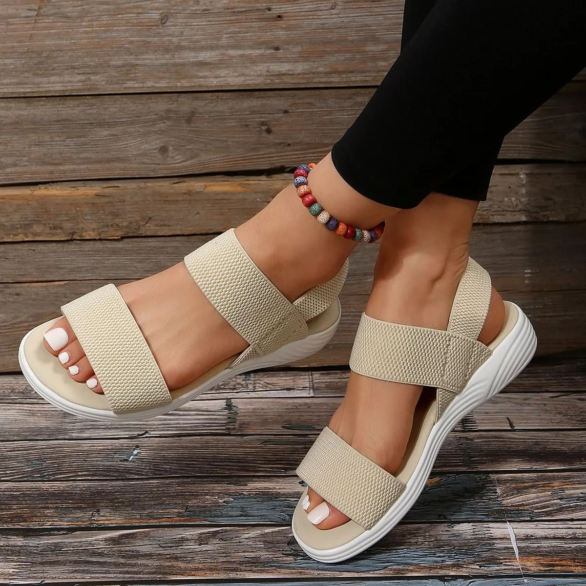 L LOUBIT Women's Sandals Elastic Strap Summer Comfort Open Toe Slides Anti-Slip Lightweight Flat Sandals