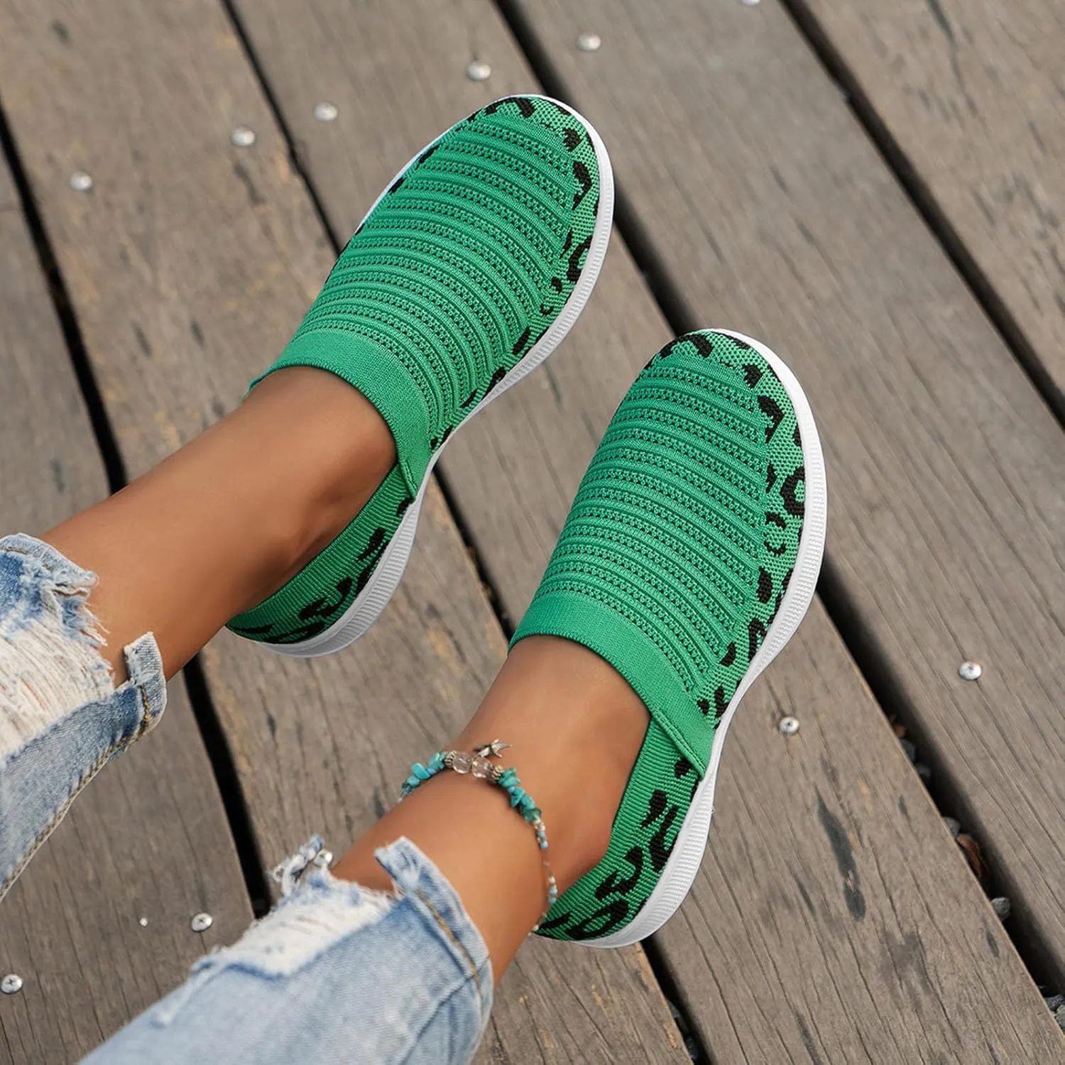 Ladies Fashion Leopard Print Color Block Breathable Mesh Knitted Flat Bottomed Casual Sports Shoes Sneaker Women Shoes
