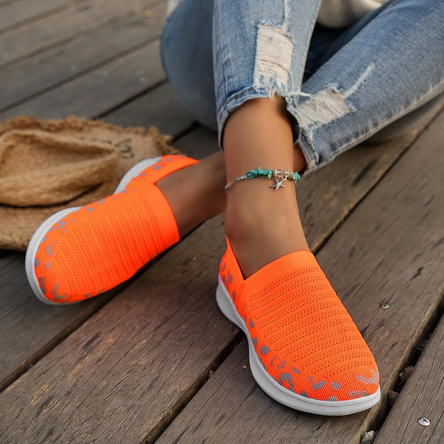 Ladies Fashion Leopard Print Color Block Breathable Mesh Knitted Flat Bottomed Casual Sports Shoes Sneaker Women Shoes