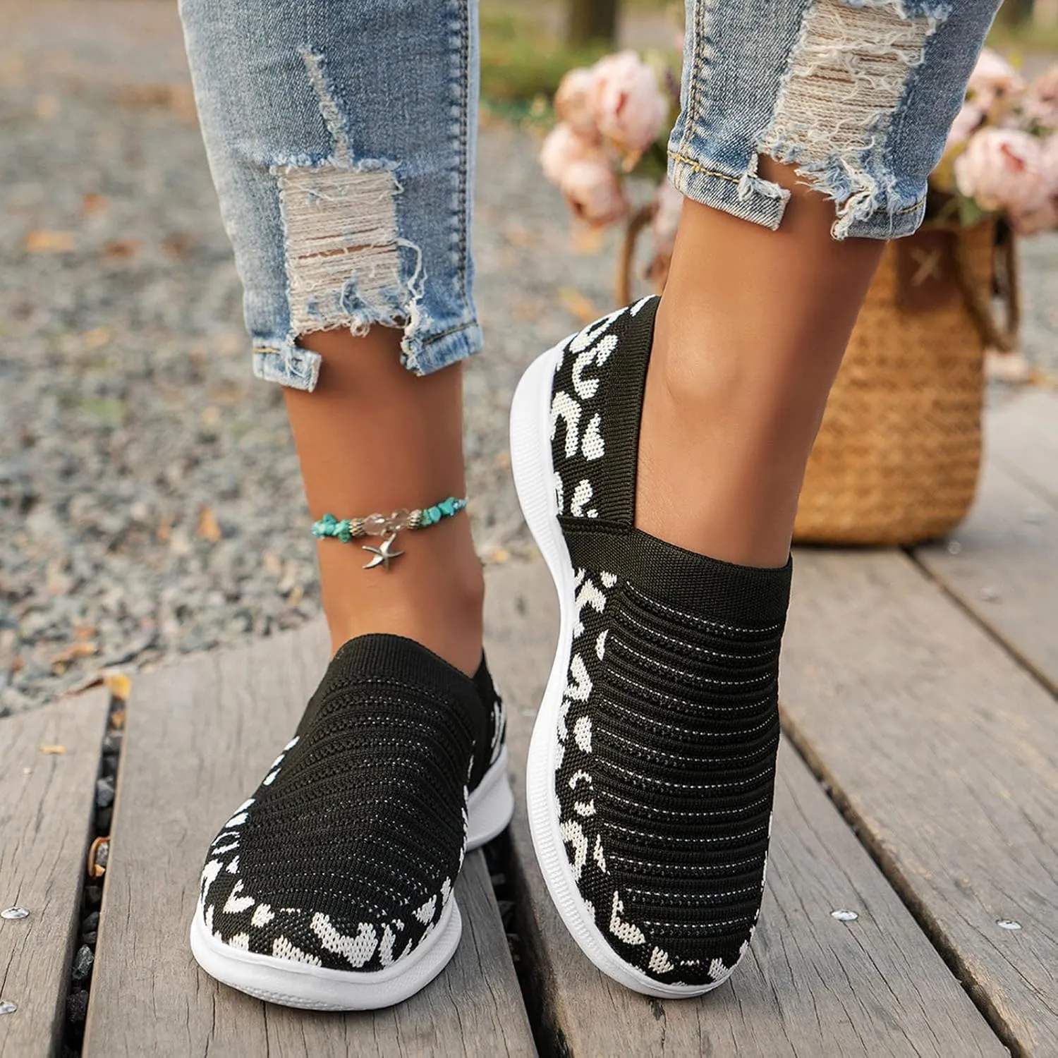 Ladies Fashion Leopard Print Color Block Breathable Mesh Knitted Flat Bottomed Casual Sports Shoes Sneaker Women Shoes