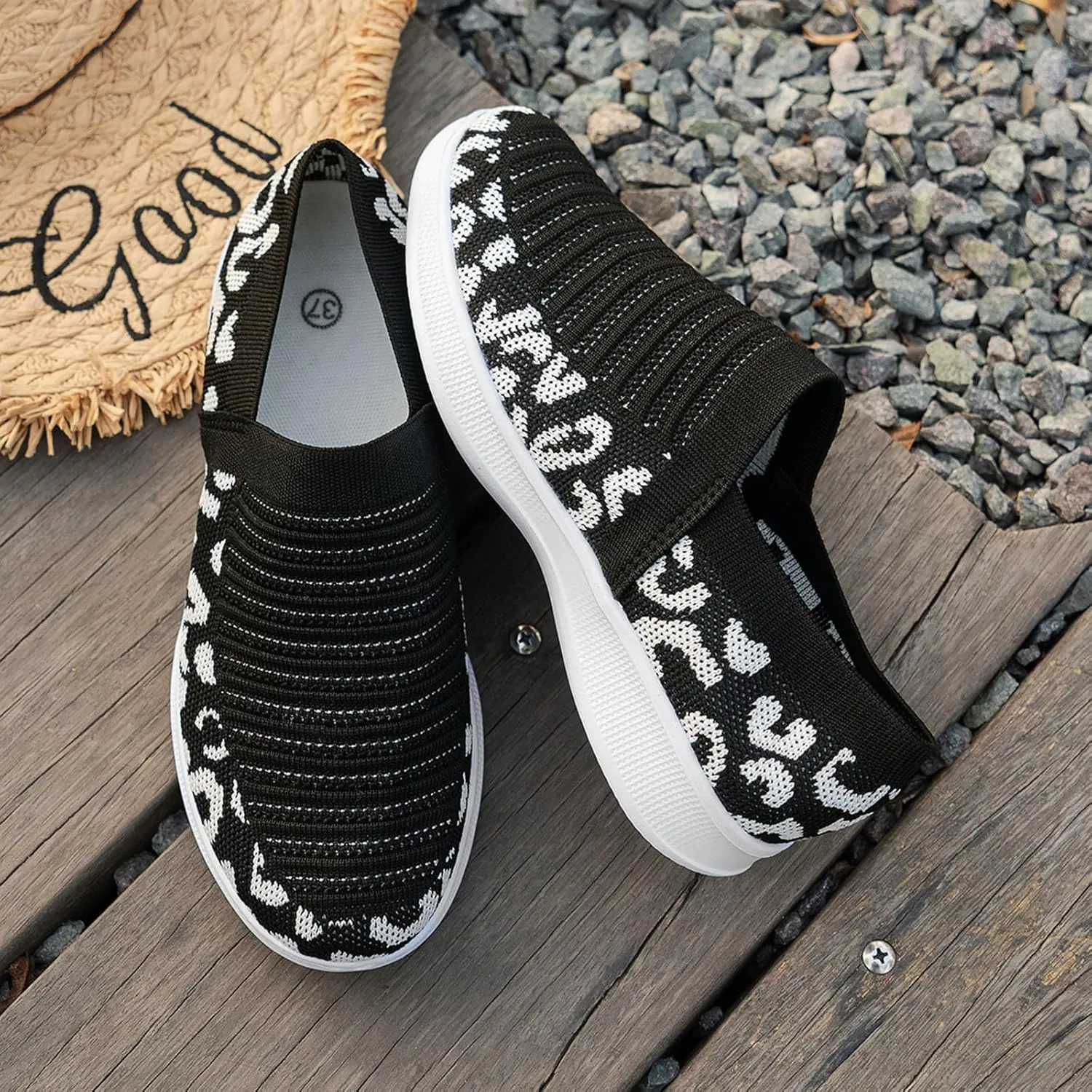 Ladies Fashion Leopard Print Color Block Breathable Mesh Knitted Flat Bottomed Casual Sports Shoes Sneaker Women Shoes