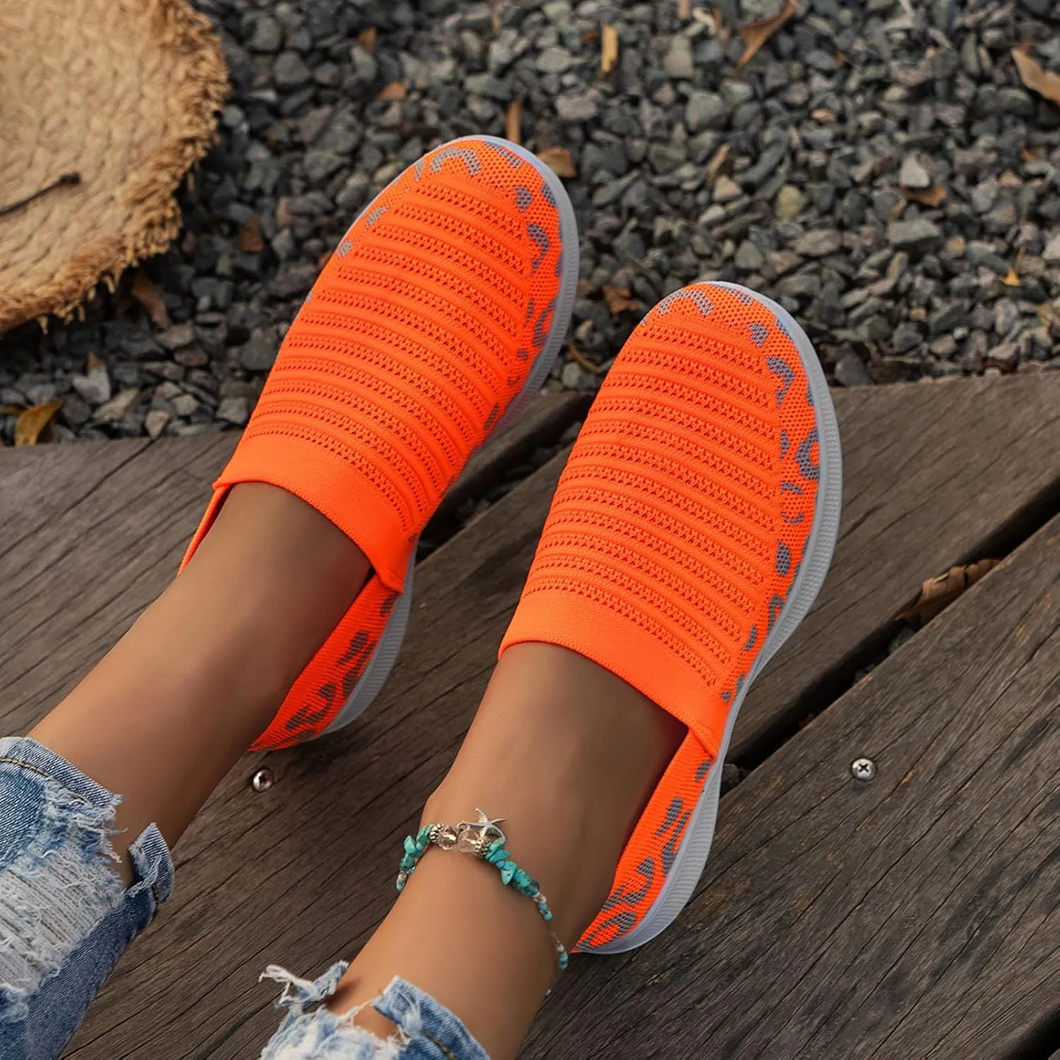 Ladies Fashion Leopard Print Color Block Breathable Mesh Knitted Flat Bottomed Casual Sports Shoes Sneaker Women Shoes