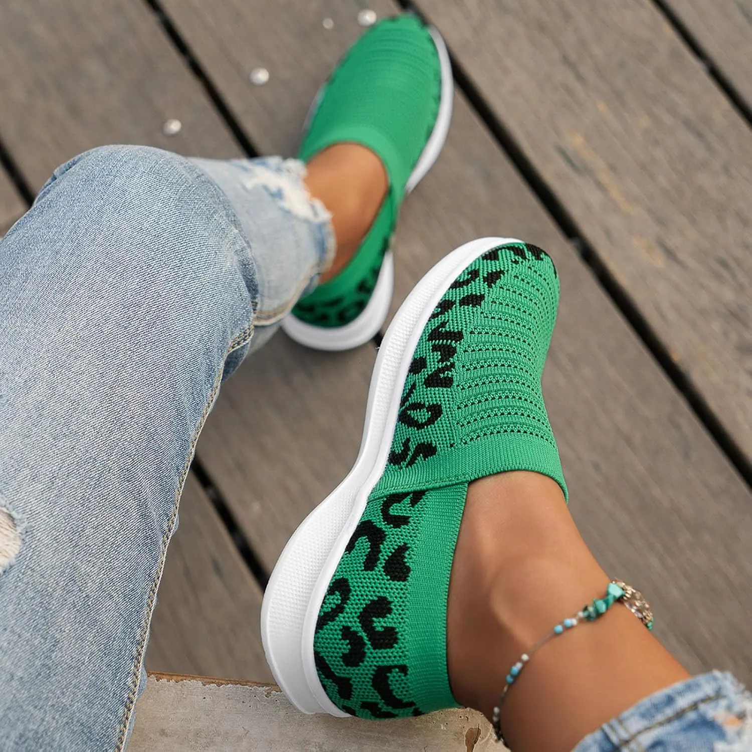 Ladies Fashion Leopard Print Color Block Breathable Mesh Knitted Flat Bottomed Casual Sports Shoes Sneaker Women Shoes