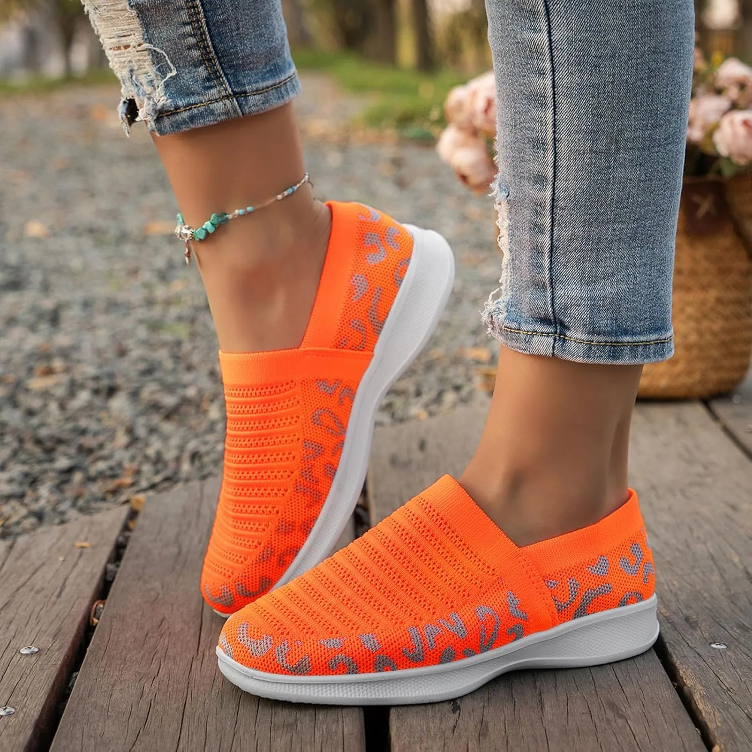 Ladies Fashion Leopard Print Color Block Breathable Mesh Knitted Flat Bottomed Casual Sports Shoes Sneaker Women Shoes