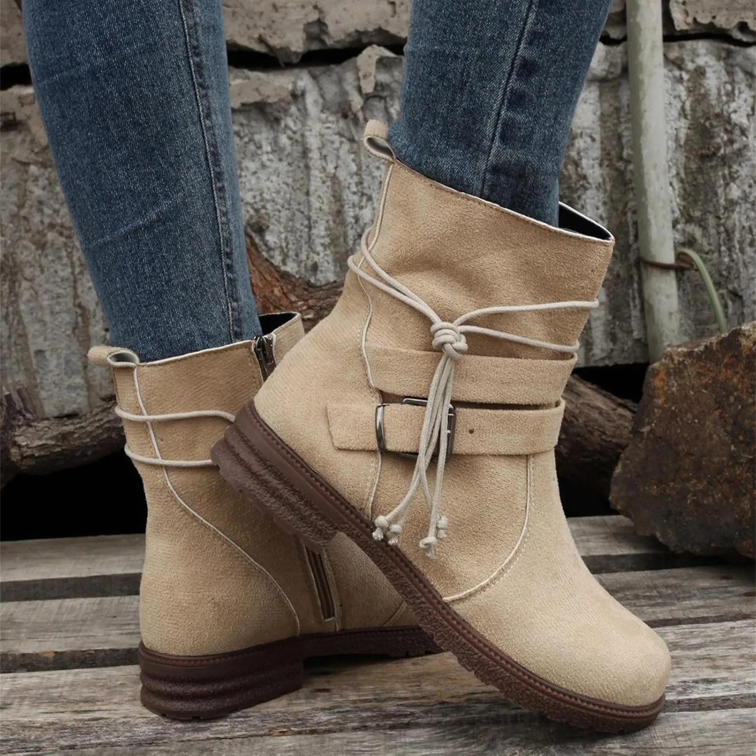 Ladmiple Boots For Women Ankle Booties Low Heel Combat Boots Side Zipper Mid Calf Motorcycle Riding Military Biker Boots