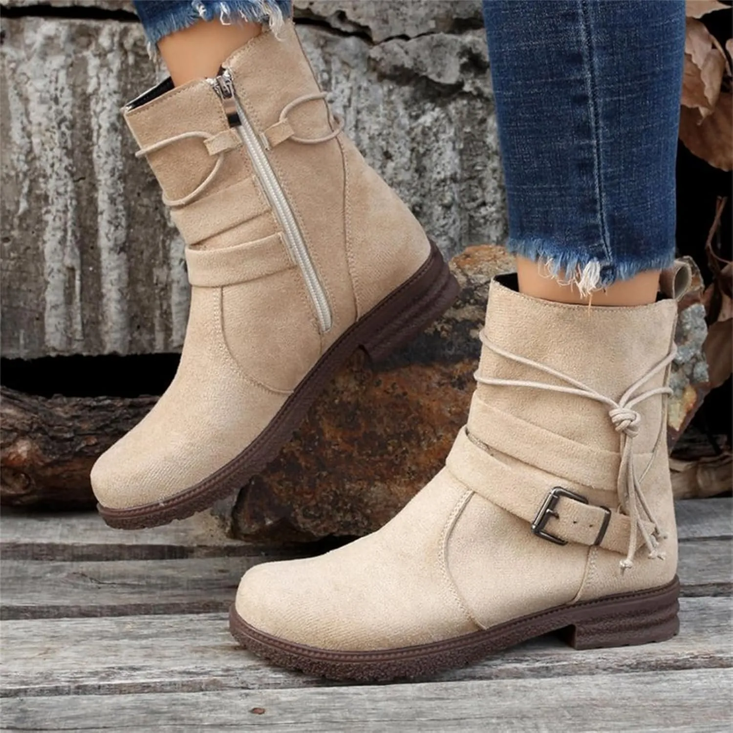 Ladmiple Boots For Women Ankle Booties Low Heel Combat Boots Side Zipper Mid Calf Motorcycle Riding Military Biker Boots