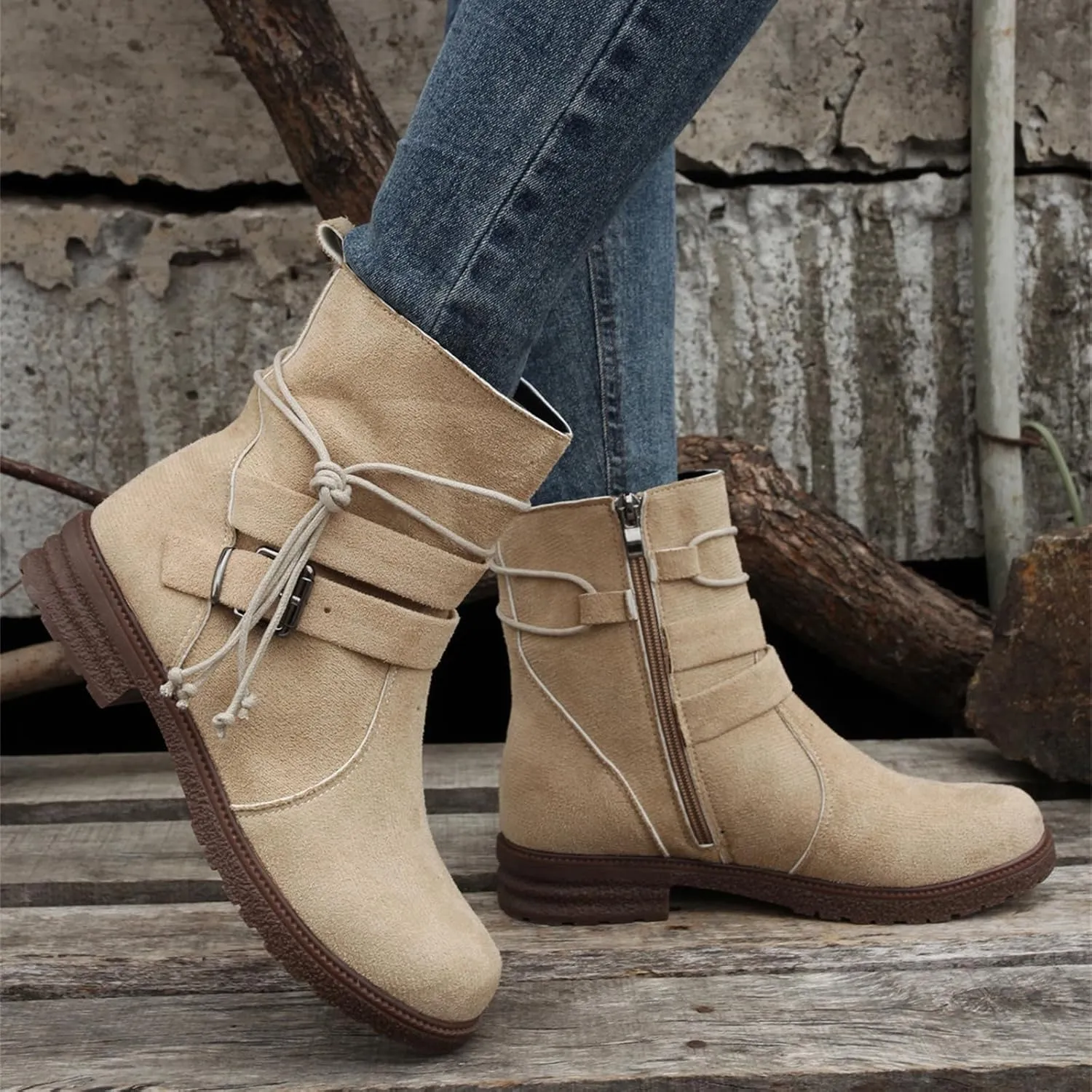 Ladmiple Boots For Women Ankle Booties Low Heel Combat Boots Side Zipper Mid Calf Motorcycle Riding Military Biker Boots