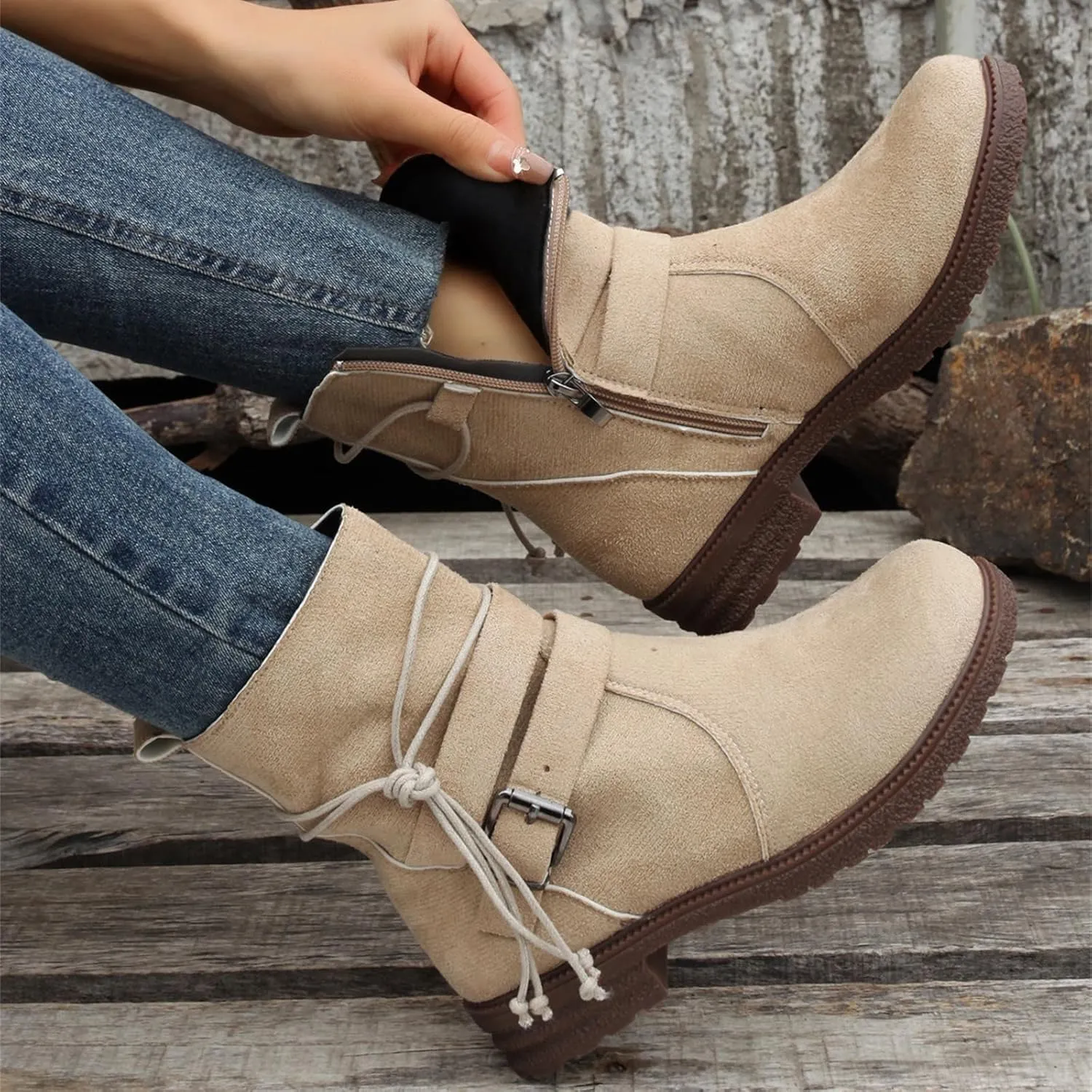 Ladmiple Boots For Women Ankle Booties Low Heel Combat Boots Side Zipper Mid Calf Motorcycle Riding Military Biker Boots