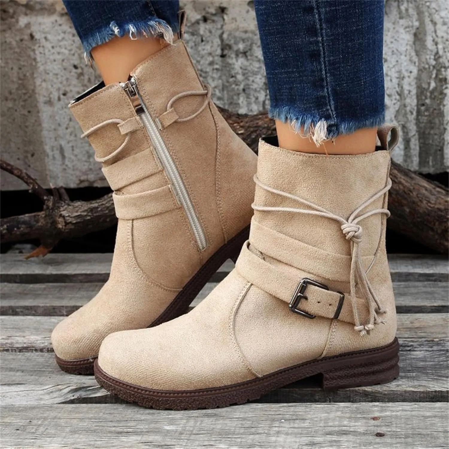 Ladmiple Boots For Women Ankle Booties Low Heel Combat Boots Side Zipper Mid Calf Motorcycle Riding Military Biker Boots