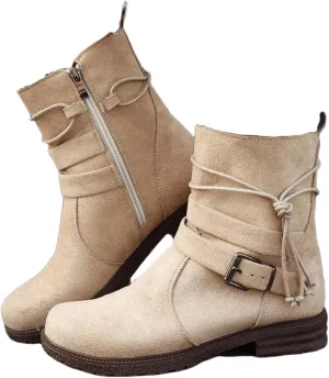 Ladmiple Boots For Women Ankle Booties Low Heel Combat Boots Side Zipper Mid Calf Motorcycle Riding Military Biker Boots