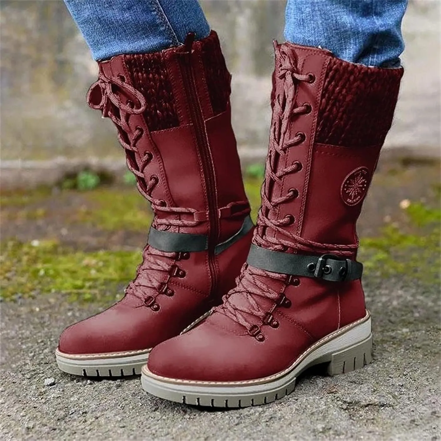Lausiuoe Boots For Women Low Heel Mid Calf Pull On Winter Boots Side Zip Slouchy Western Cowboy Booties Non Slip Outdoor Shoes