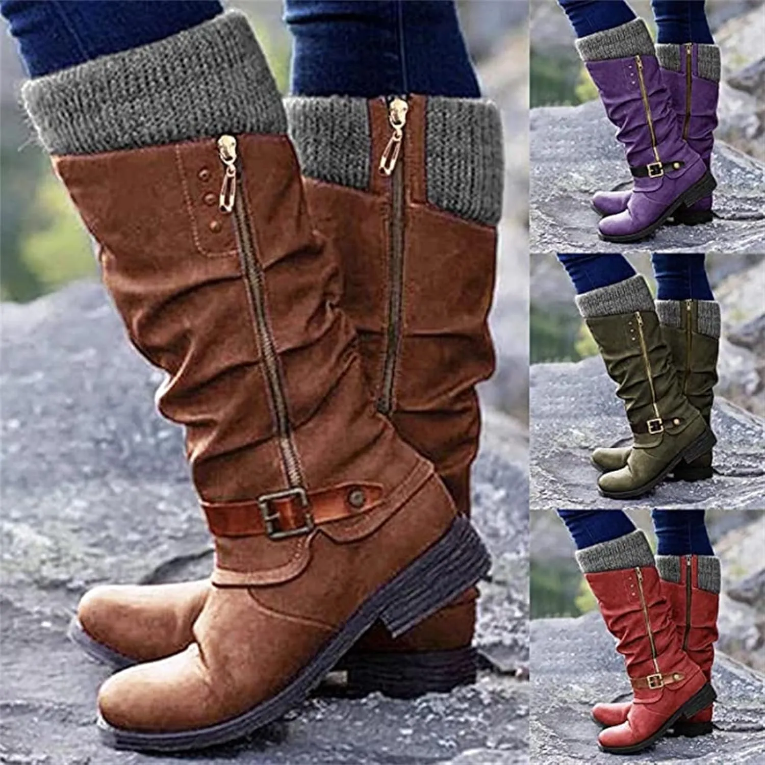 Lausiuoe Boots For Women Low Heel Mid Calf Side Zipper Slouchy Western Cowboy Booties Winter Warm Non Slip Platform Outdoor Shoes