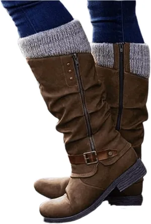 Lausiuoe Boots For Women Low Heel Mid Calf Side Zipper Slouchy Western Cowboy Booties Winter Warm Non Slip Platform Outdoor Shoes