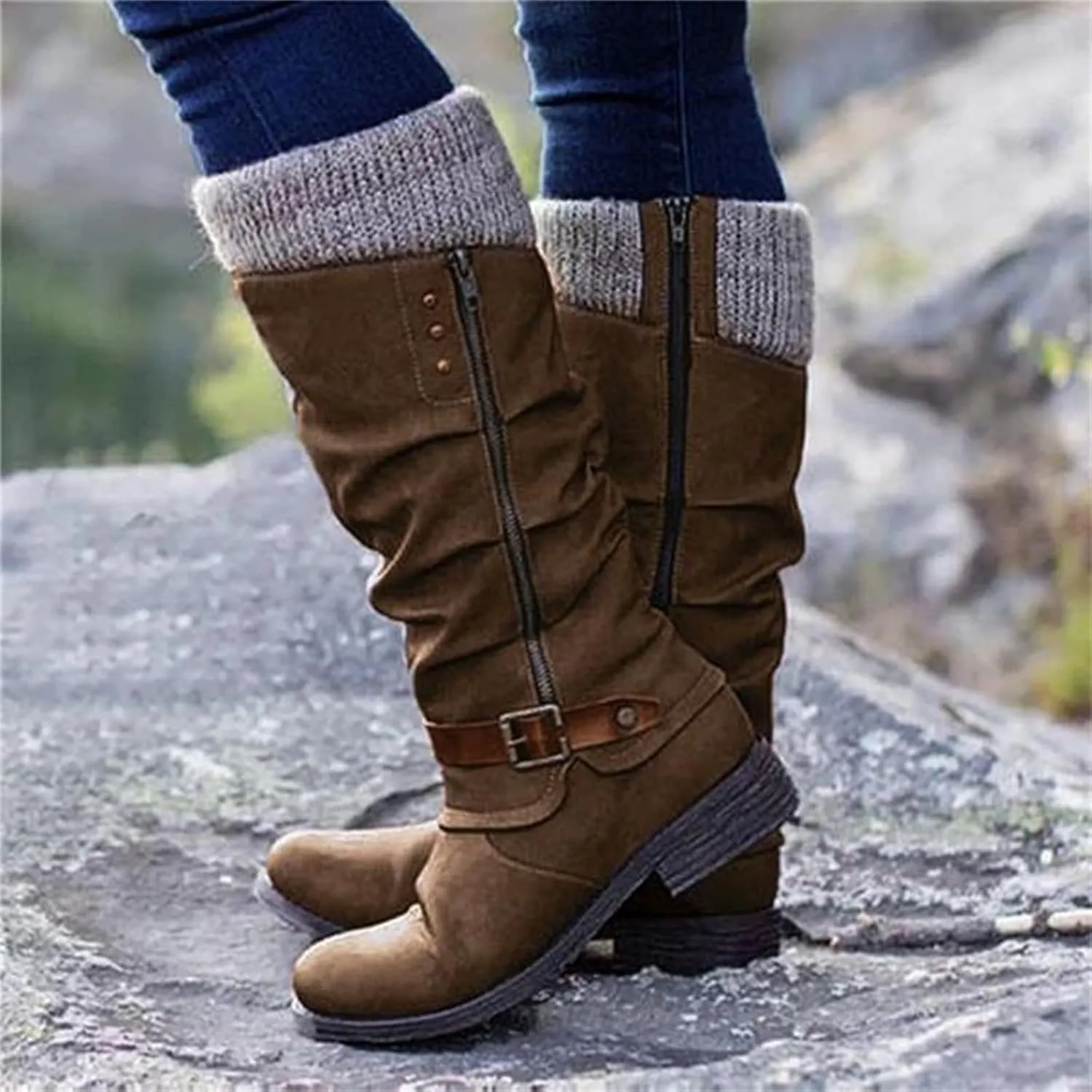 Lausiuoe Boots For Women Low Heel Mid Calf Side Zipper Slouchy Western Cowboy Booties Winter Warm Non Slip Platform Outdoor Shoes
