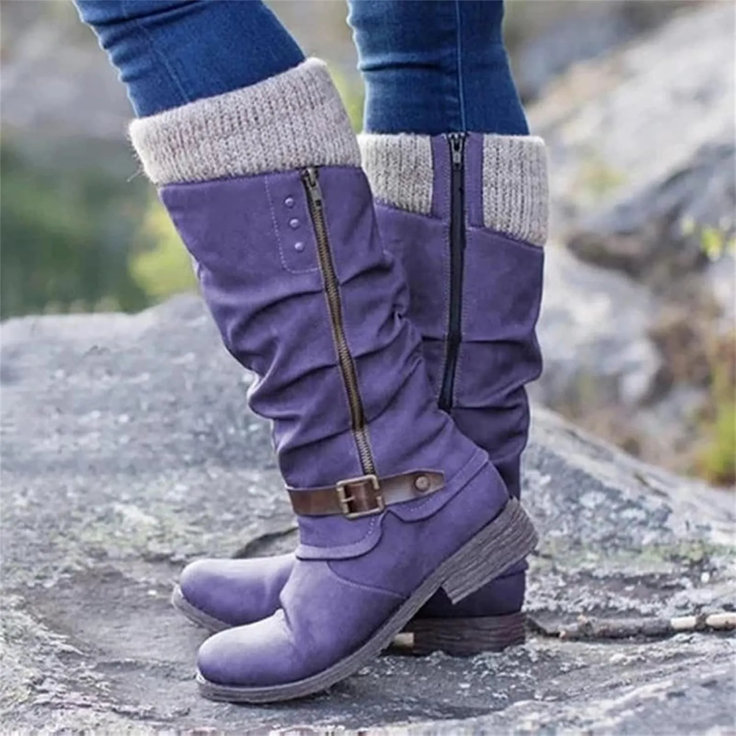 Lausiuoe Boots For Women Low Heel Mid Calf Winter Boots Side Zip Western Platform Hiking Booties Warm Non Slip Outdoor Shoes