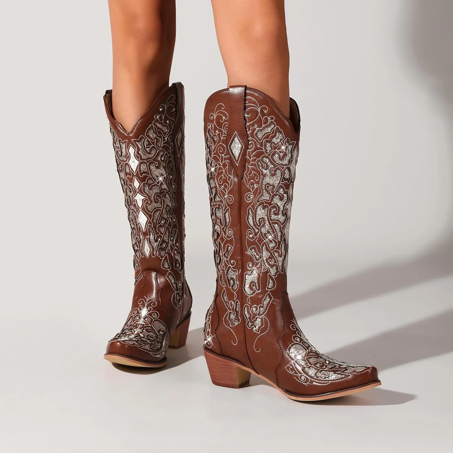 LingxiaUne Western Cowboy Boots with Wide Calf Cowgirl Boots Women Sparkly Rhinestone Wedding Boots Trendy Vintage Tall Glitter Boots with Embroidery and Chunky Heel for Daily Wearing|Office|Party
