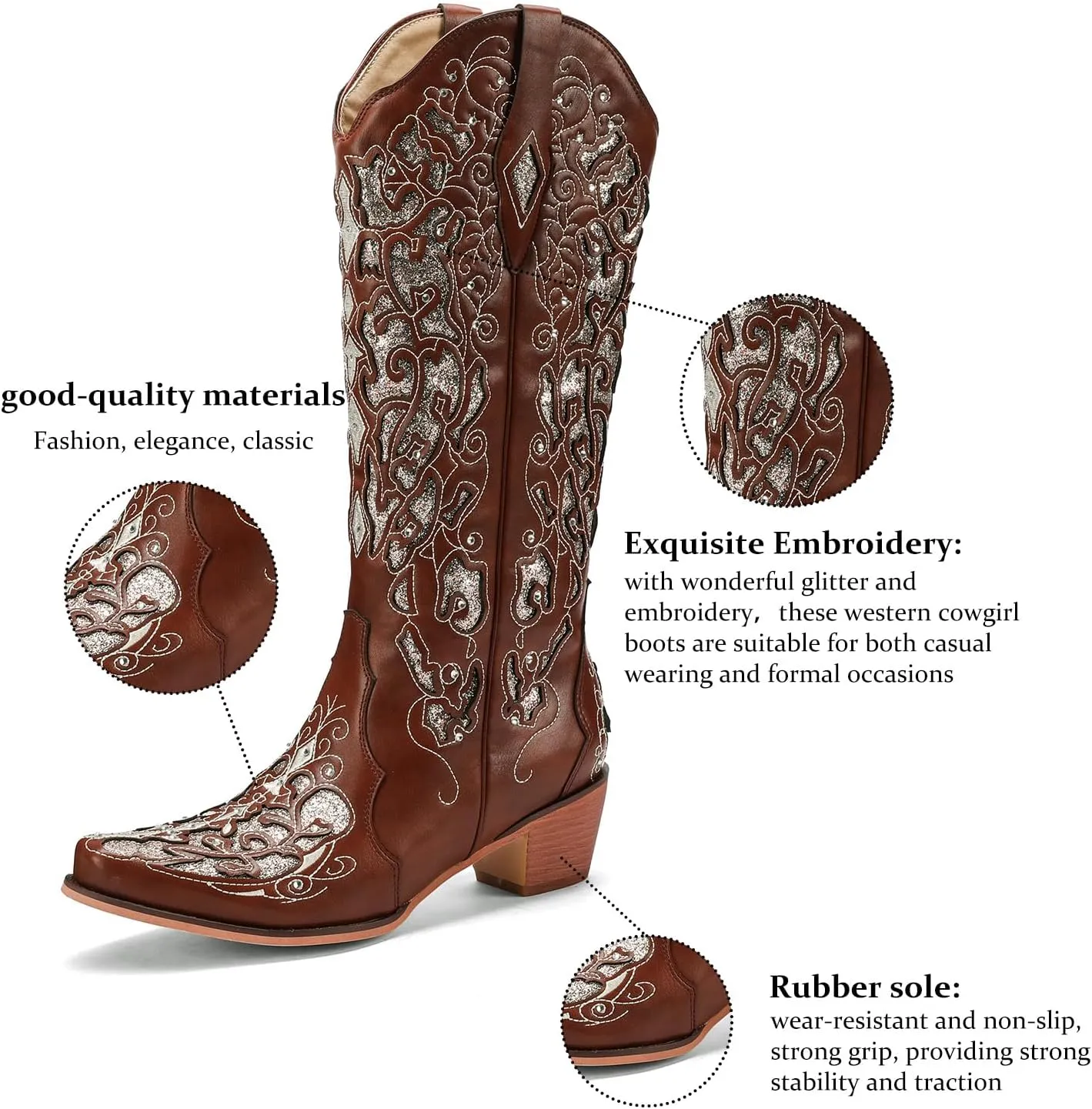 LingxiaUne Western Cowboy Boots with Wide Calf Cowgirl Boots Women Sparkly Rhinestone Wedding Boots Trendy Vintage Tall Glitter Boots with Embroidery and Chunky Heel for Daily Wearing|Office|Party
