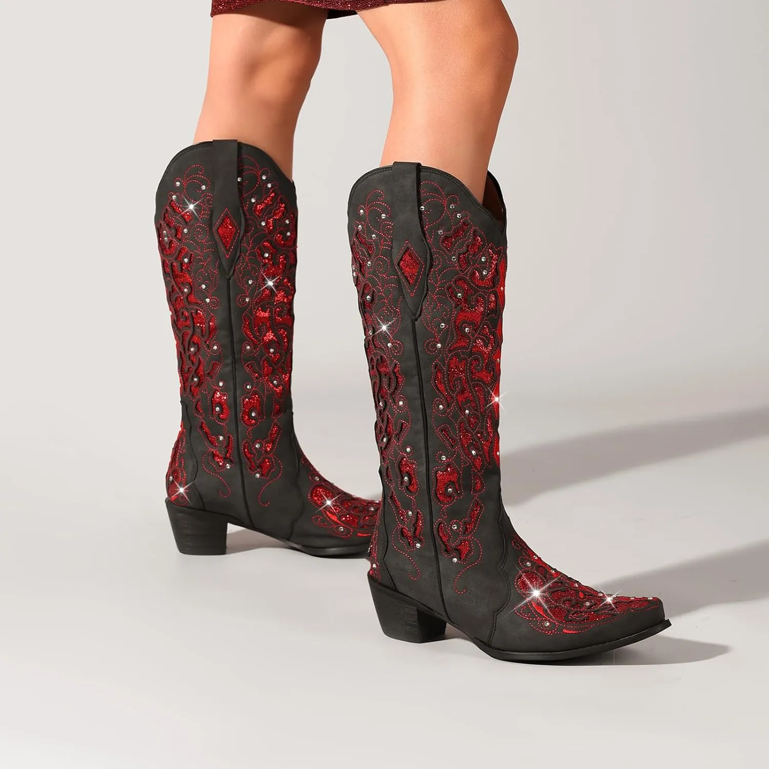 LingxiaUne Western Cowboy Boots with Wide Calf Cowgirl Boots Women Sparkly Rhinestone Wedding Boots Trendy Vintage Tall Glitter Boots with Embroidery and Chunky Heel for Daily Wearing|Office|Party