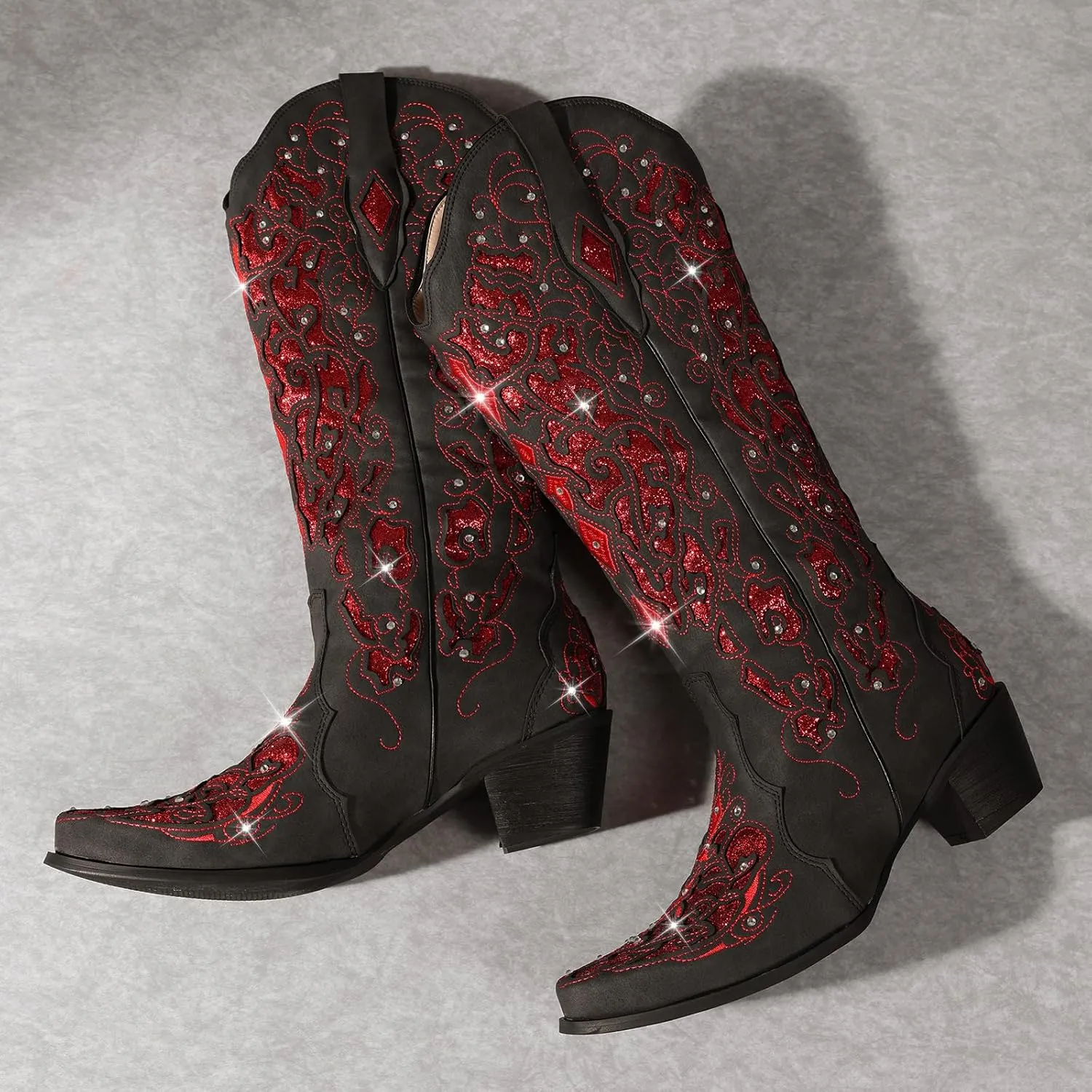 LingxiaUne Western Cowboy Boots with Wide Calf Cowgirl Boots Women Sparkly Rhinestone Wedding Boots Trendy Vintage Tall Glitter Boots with Embroidery and Chunky Heel for Daily Wearing|Office|Party