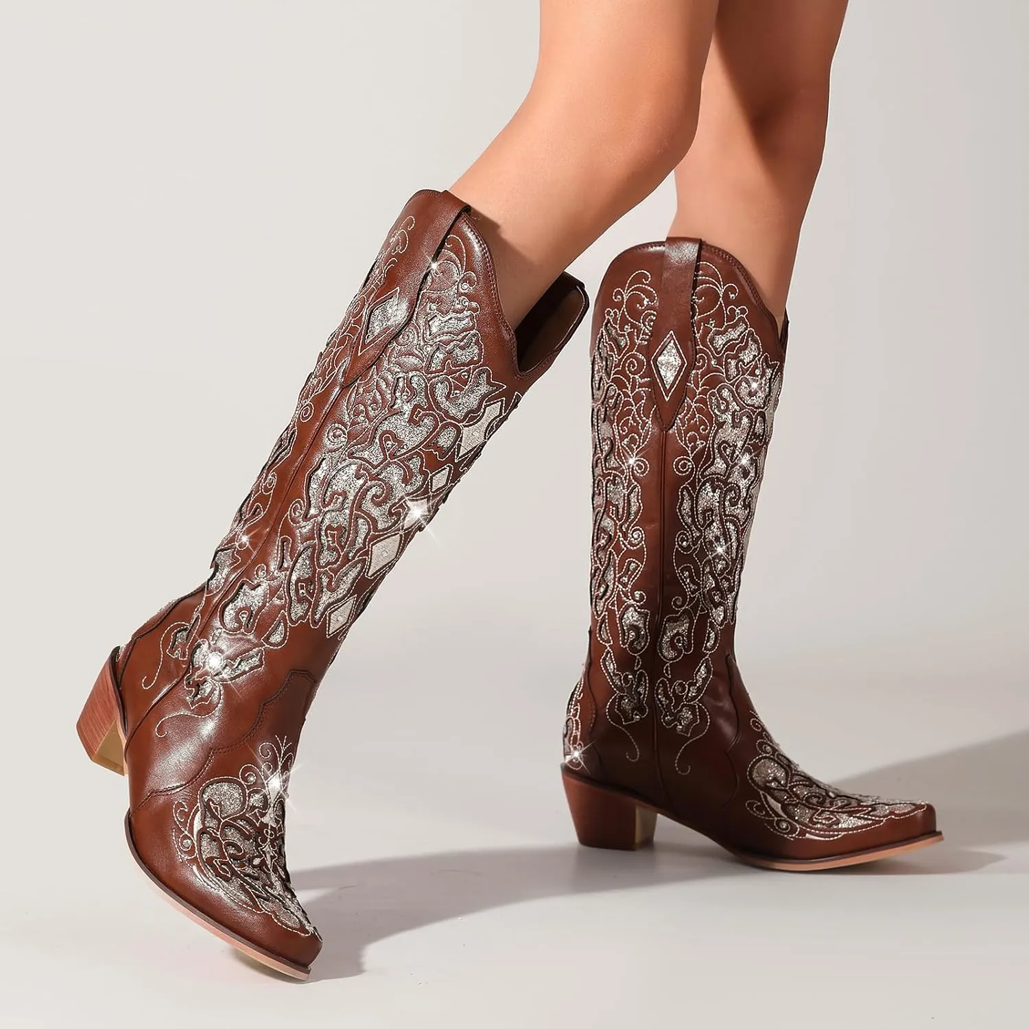 LingxiaUne Western Cowboy Boots with Wide Calf Cowgirl Boots Women Sparkly Rhinestone Wedding Boots Trendy Vintage Tall Glitter Boots with Embroidery and Chunky Heel for Daily Wearing|Office|Party