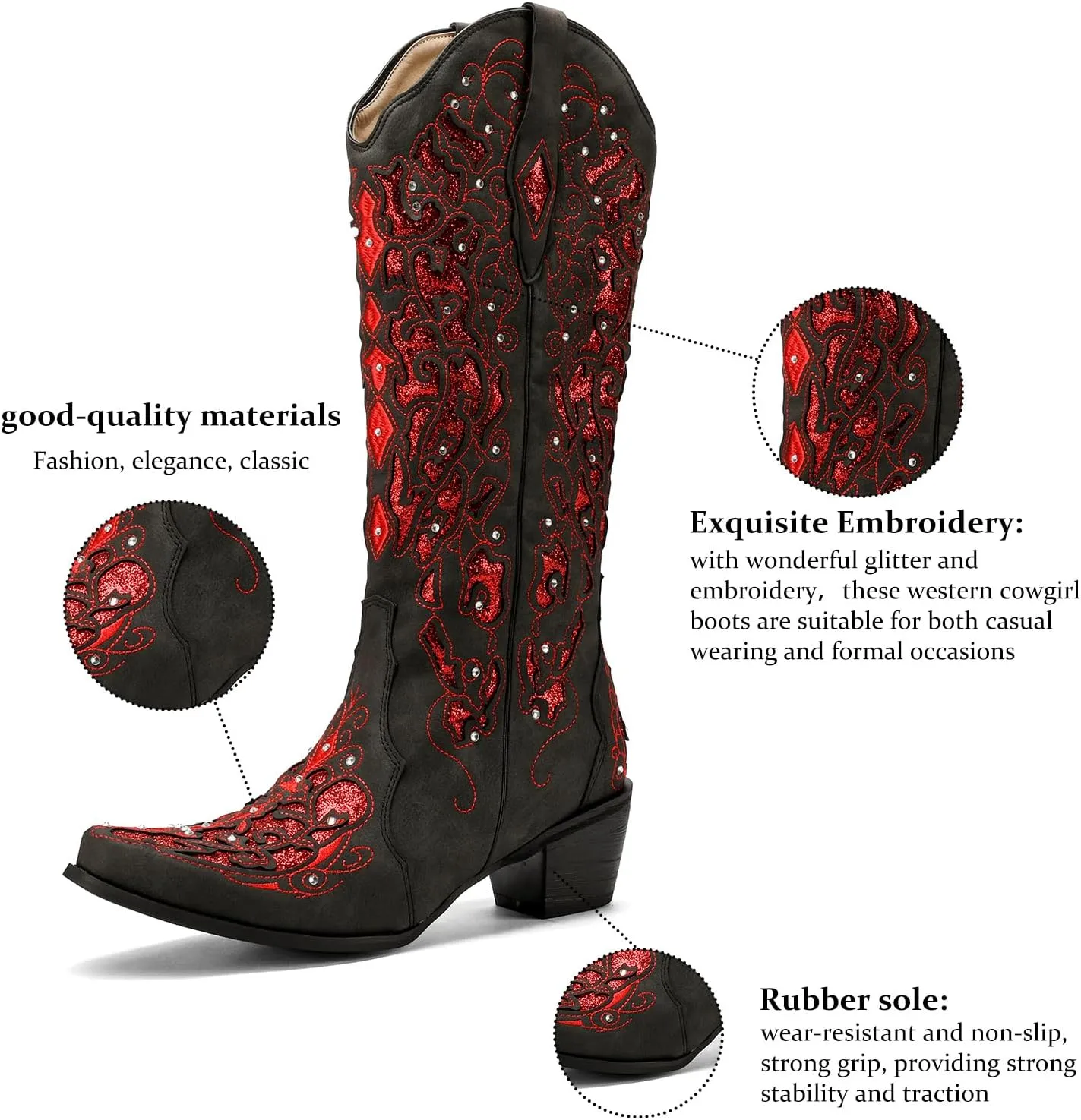 LingxiaUne Western Cowboy Boots with Wide Calf Cowgirl Boots Women Sparkly Rhinestone Wedding Boots Trendy Vintage Tall Glitter Boots with Embroidery and Chunky Heel for Daily Wearing|Office|Party