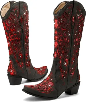 LingxiaUne Western Cowboy Boots with Wide Calf Cowgirl Boots Women Sparkly Rhinestone Wedding Boots Trendy Vintage Tall Glitter Boots with Embroidery and Chunky Heel for Daily Wearing|Office|Party
