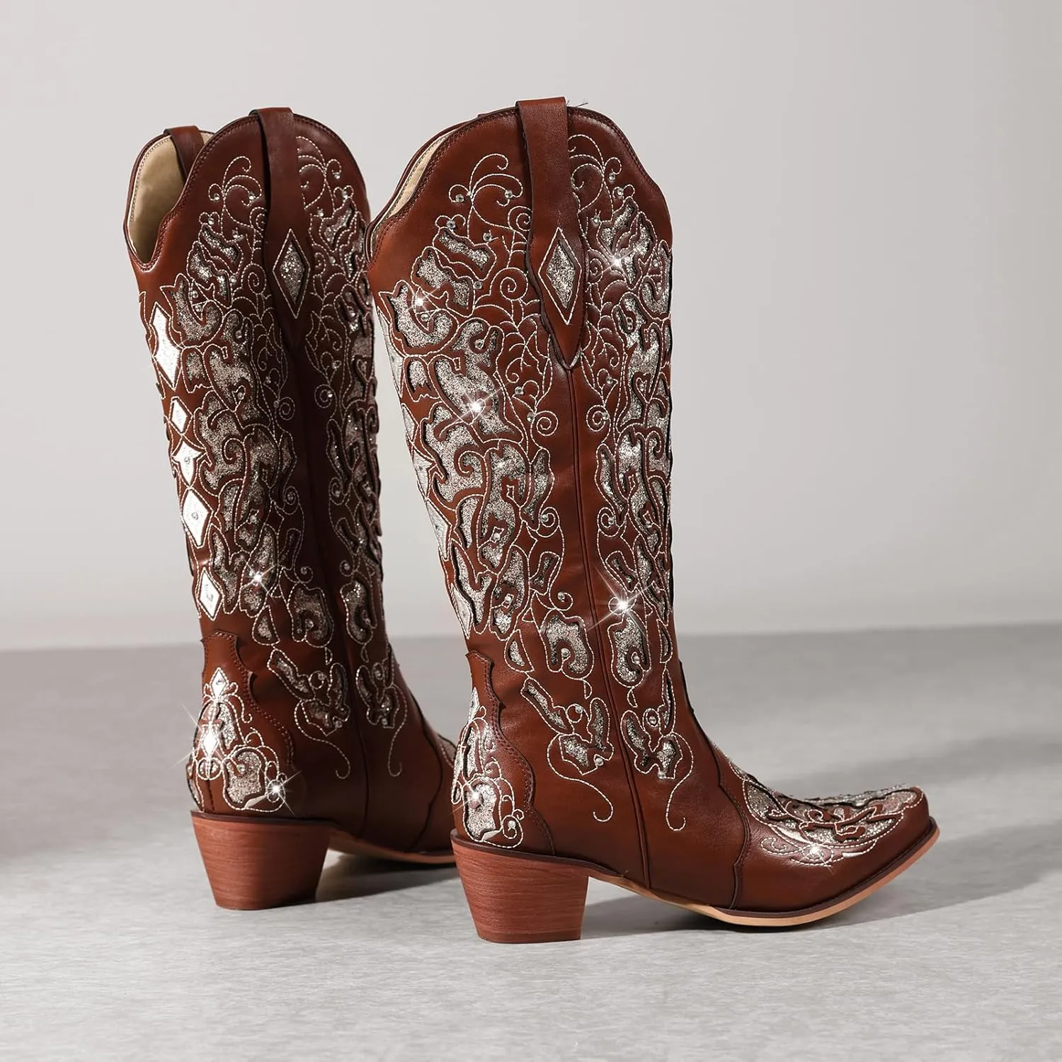 LingxiaUne Western Cowboy Boots with Wide Calf Cowgirl Boots Women Sparkly Rhinestone Wedding Boots Trendy Vintage Tall Glitter Boots with Embroidery and Chunky Heel for Daily Wearing|Office|Party