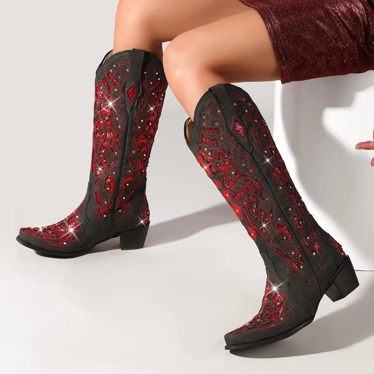 LingxiaUne Western Cowboy Boots with Wide Calf Cowgirl Boots Women Sparkly Rhinestone Wedding Boots Trendy Vintage Tall Glitter Boots with Embroidery and Chunky Heel for Daily Wearing|Office|Party