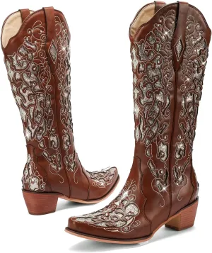 LingxiaUne Western Cowboy Boots with Wide Calf Cowgirl Boots Women Sparkly Rhinestone Wedding Boots Trendy Vintage Tall Glitter Boots with Embroidery and Chunky Heel for Daily Wearing|Office|Party