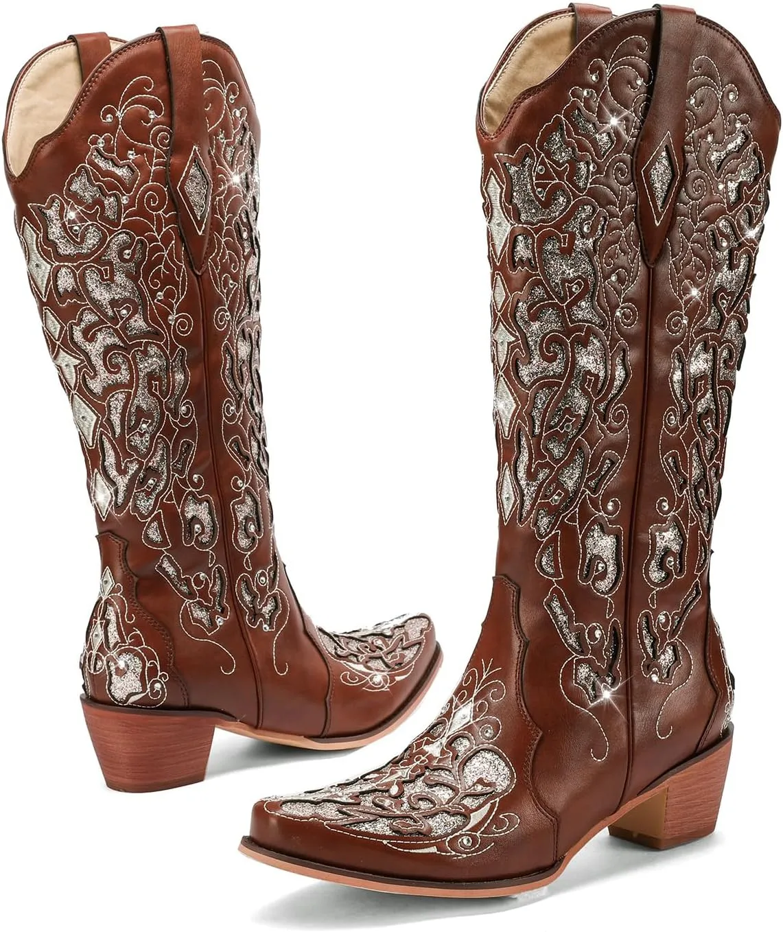 LingxiaUne Western Cowboy Boots with Wide Calf Cowgirl Boots Women Sparkly Rhinestone Wedding Boots Trendy Vintage Tall Glitter Boots with Embroidery and Chunky Heel for Daily Wearing|Office|Party