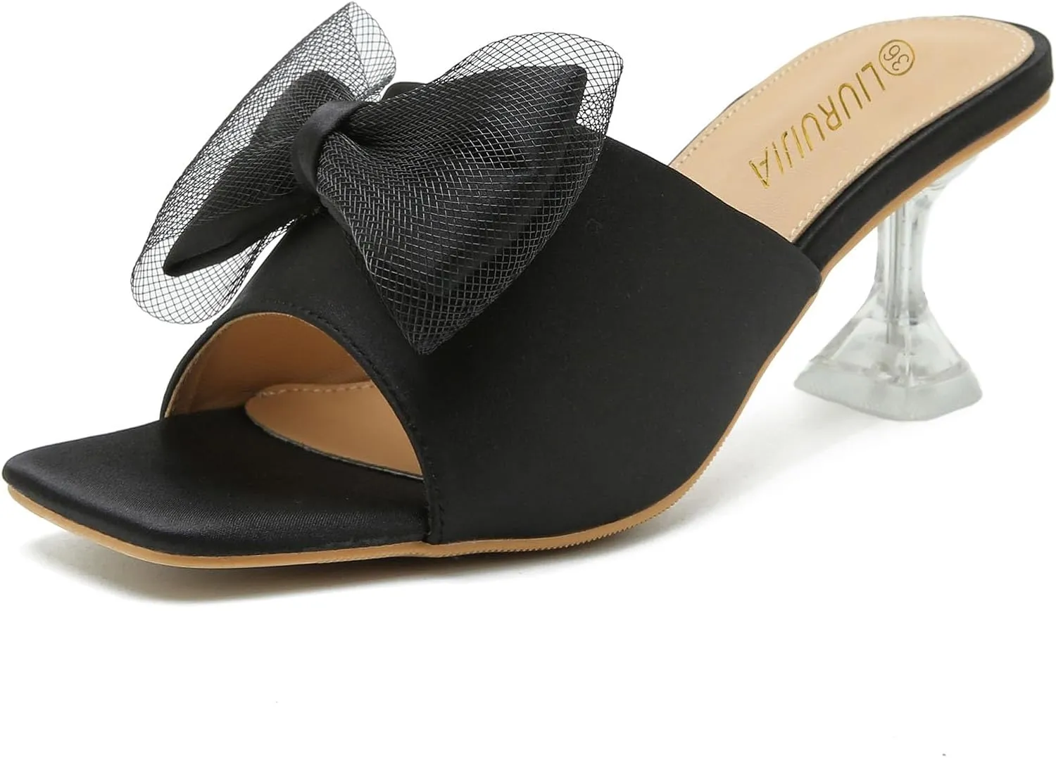 LIURUIJIA Women's Bow Heels Mules Sandals Square Toe Slip On Low Kitten Heels Wedding Bridal Dress Shoes