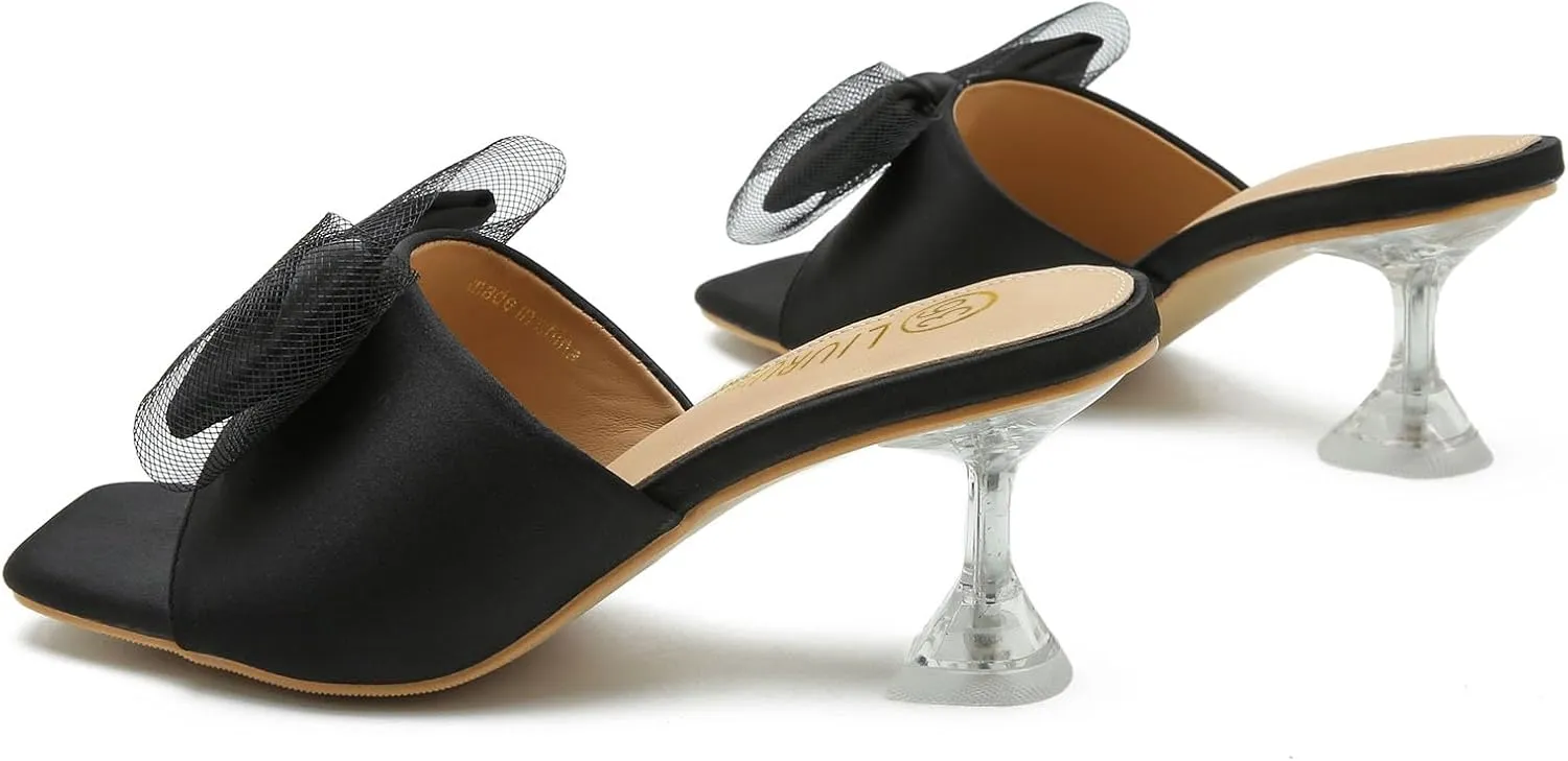 LIURUIJIA Women's Bow Heels Mules Sandals Square Toe Slip On Low Kitten Heels Wedding Bridal Dress Shoes
