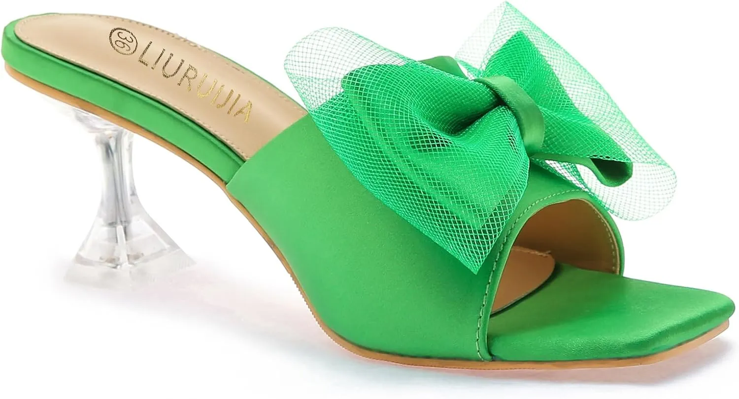 LIURUIJIA Women's Bow Heels Mules Sandals Square Toe Slip On Low Kitten Heels Wedding Bridal Dress Shoes